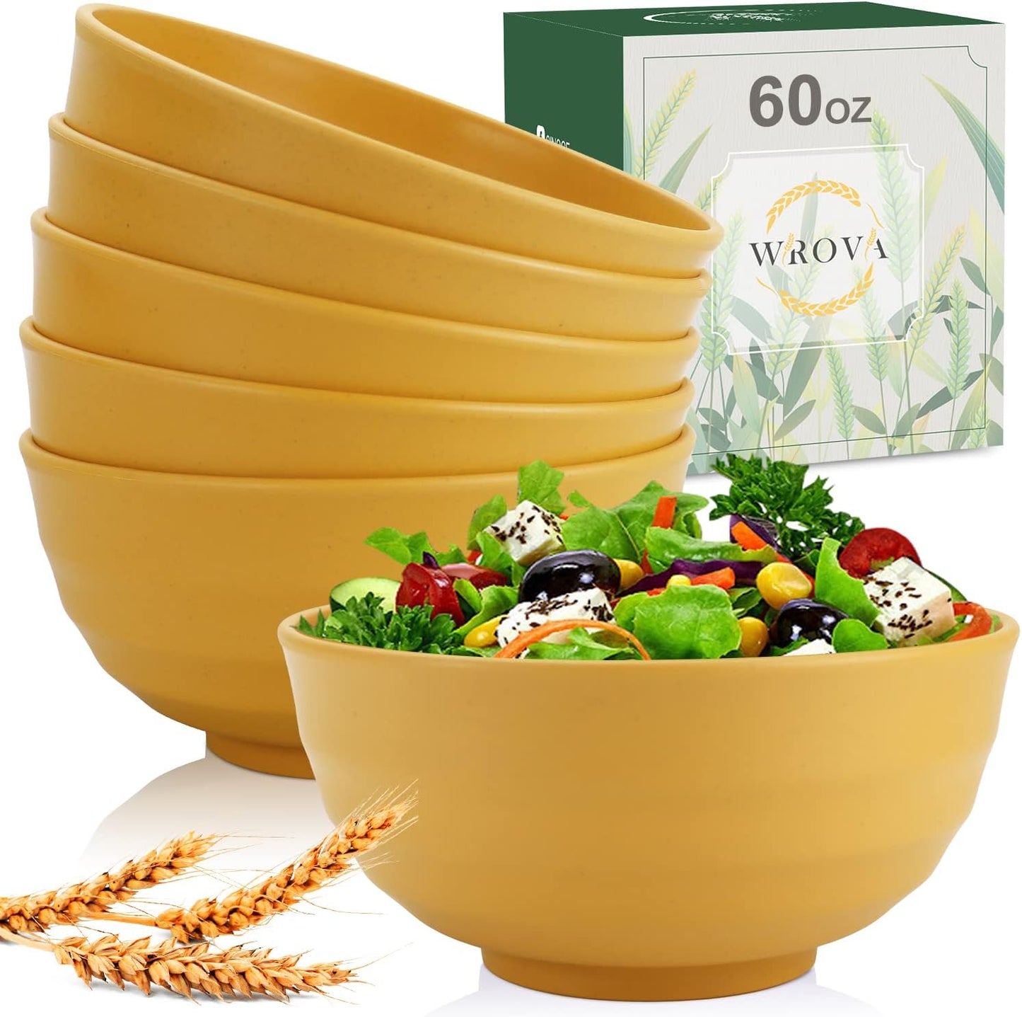 Wheat Straw Bowls Set 60 OZ Unbreakable Large Cereal Bowls Set of 6 Microwave and Dishwasher Safe Bowls Big Bowls for Apartment and Dorm BPA Free Soup Bowl for Serving Oatmeal and Salad Yellow