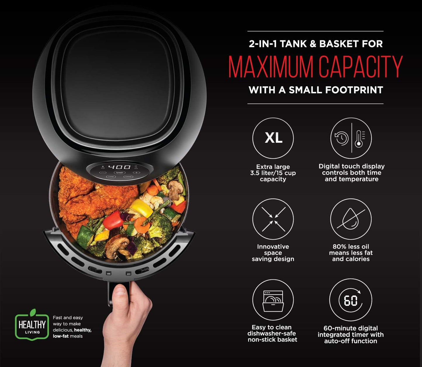 CHEFMAN Small Air Fryer Healthy Cooking, 3.6 Qt, User Friendly, Nonstick, Digital Touch Screen, Dishwasher Safe Basket, w/ 60 Minute Timer & Auto Shutoff, Matte Black, Cookbook Included