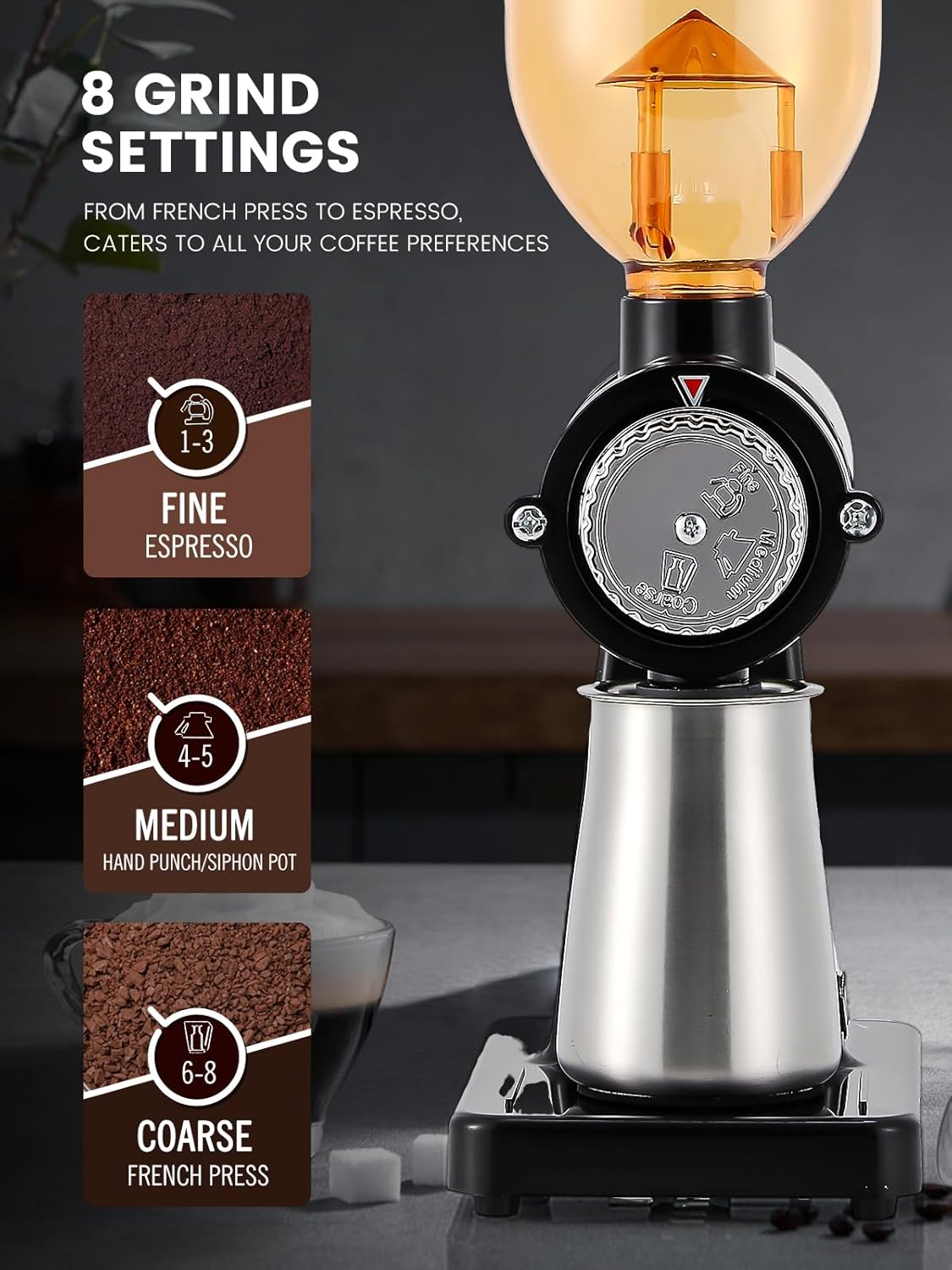 Huanyu Stainless Steel Coffee Grinder Electric with 8 Grinding Settings Flat Burr Coffee Grinder Adjustable Burr Coffee Grinders for Home Use Black