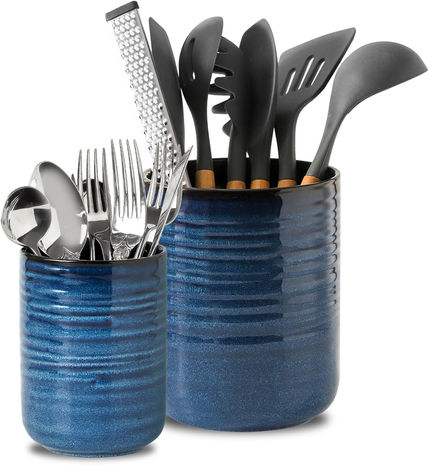 Hasense Utensil Holder, 7.4” + 5.4” Ceramic Cooking Utensil Crock for Kitchen Counter, 2 Pack Utensil Caddy Utensil Organizer for Spatula and Spoon Kitchen Decor, Navy Blue