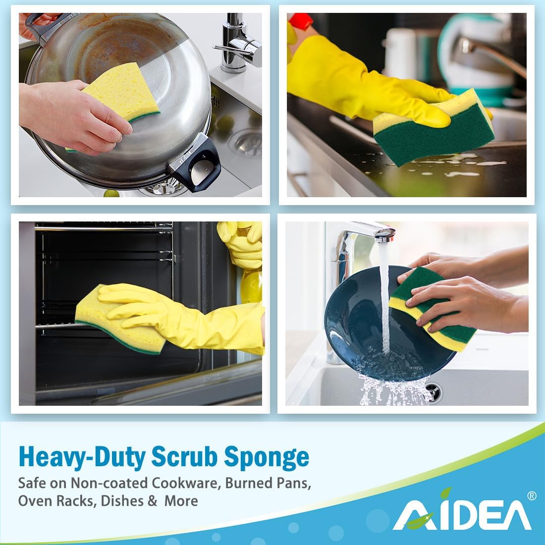 AIDEA Heavy-Duty Scrub Sponges, 12Count, Sponge for Non-Coated Cookware, Kitchen Sponges for Dishes, Scrubbing Power for Tough Messes, Cleaning Sponge for Kitchen, Bathroom, Household