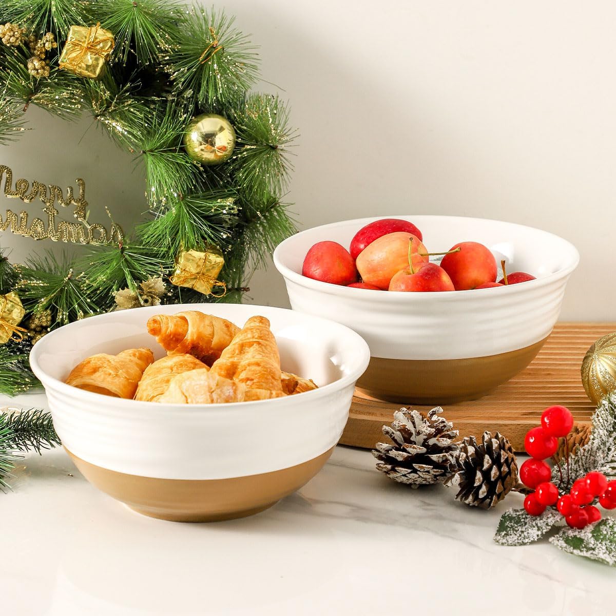 Hasense Ceramic Serving Bowls Set, 60 oz Deep Salad Bowls for Kitchen, 8.5 Inch White Serving Dishes for Christmas Entertaining, Ideal for Soup, Pasta, Side Dishes, Dishwasher Microwave Safe