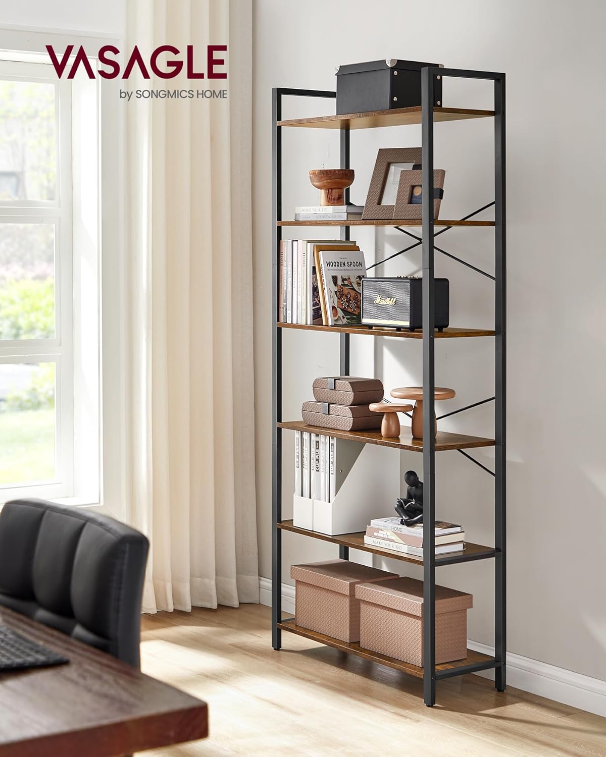 VASAGLE 6-Tier Bookshelf, Bookcase with Steel Frame, Book Shelf for Living Room, Home Office, Study, 11.8 x 31.5 x 73.2 Inches, Industrial Style, Rustic Brown and Ink Black ULLS082B01