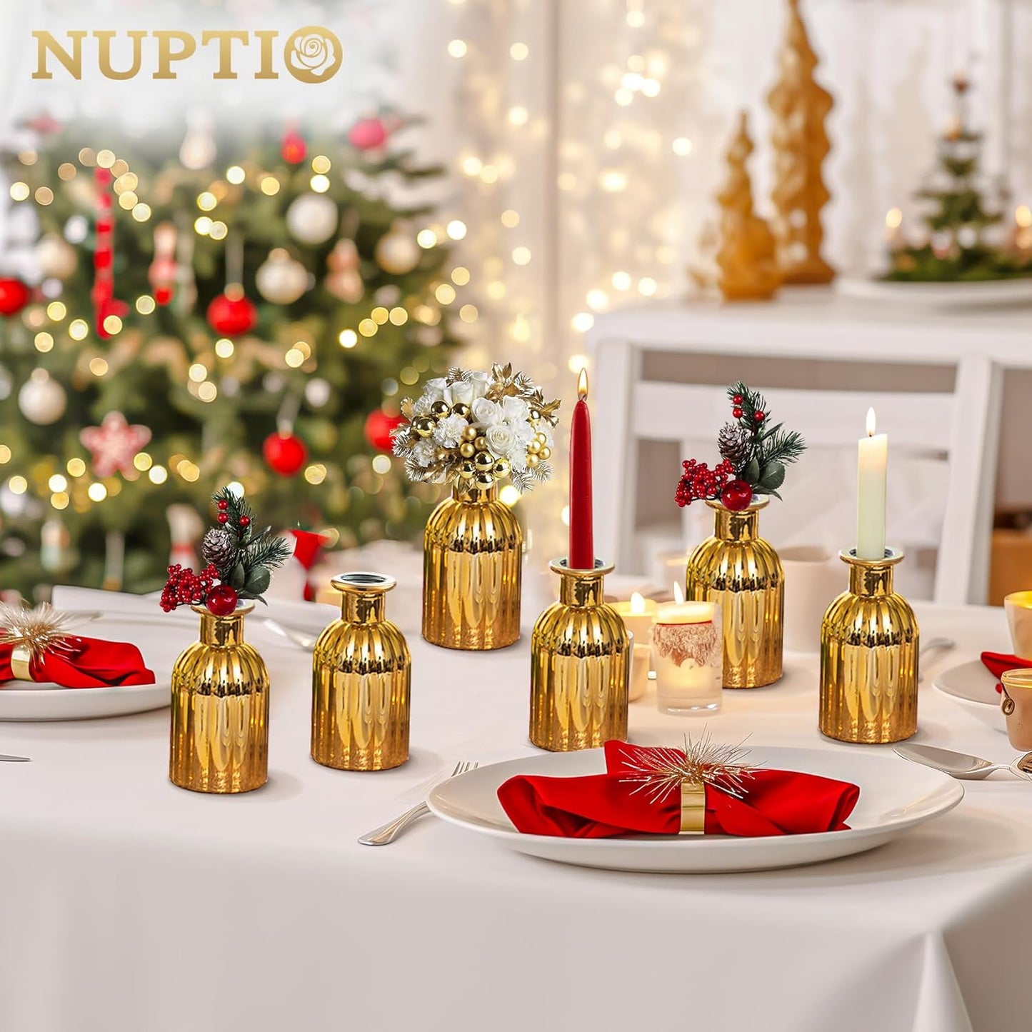 NUPTIO Bud Vases Glass Gold: 6 Pcs Small Vase Set in Bulk for Flowers - Mini Vintage Flower Bottle Single Assorted Vases for Wedding Table Centerpieces