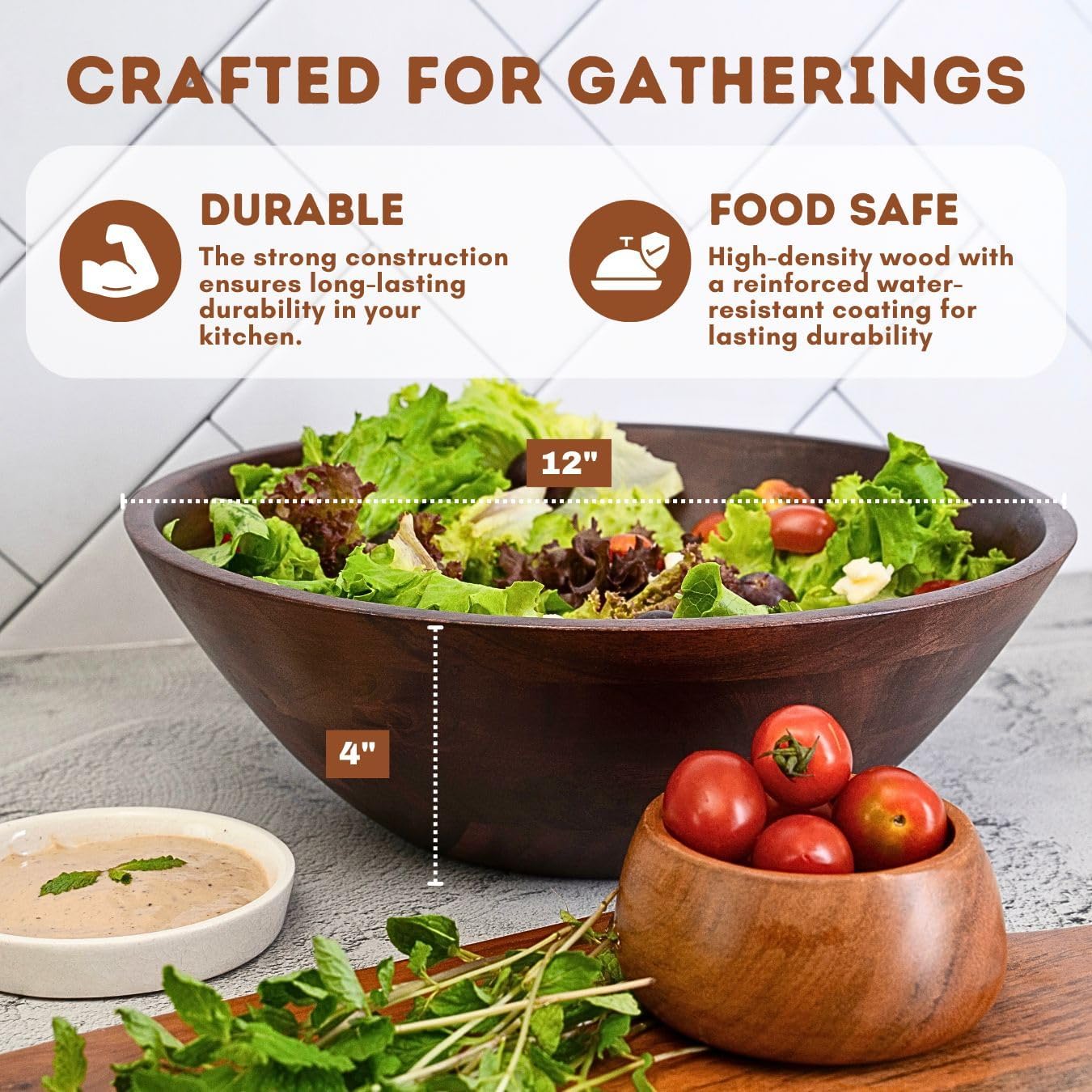 Luxe Designs Wooden Salad Bowl Set - Food Safe & Sustainable Decorative Bowl - Wood Bowl for Fruits, & Salads - Easy to Clean Large Salad Bowls Set w/Spoon, Fork – Wooden Bowls for Food (Dark Burnt)