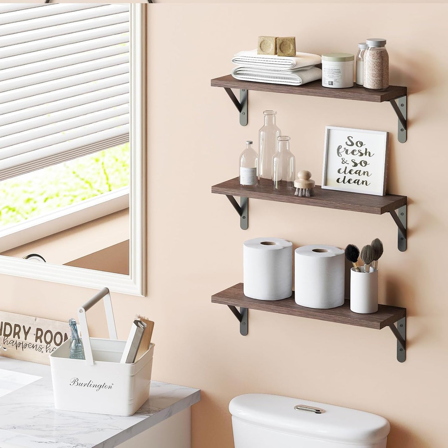 YGEOMER 16.5 Inch Floating Shelves for Wall, Farmhouse Wall Shelves for Bedroom, Bathroom Storage, Living Room and Kitchen Decor (Set of 6 Brown)