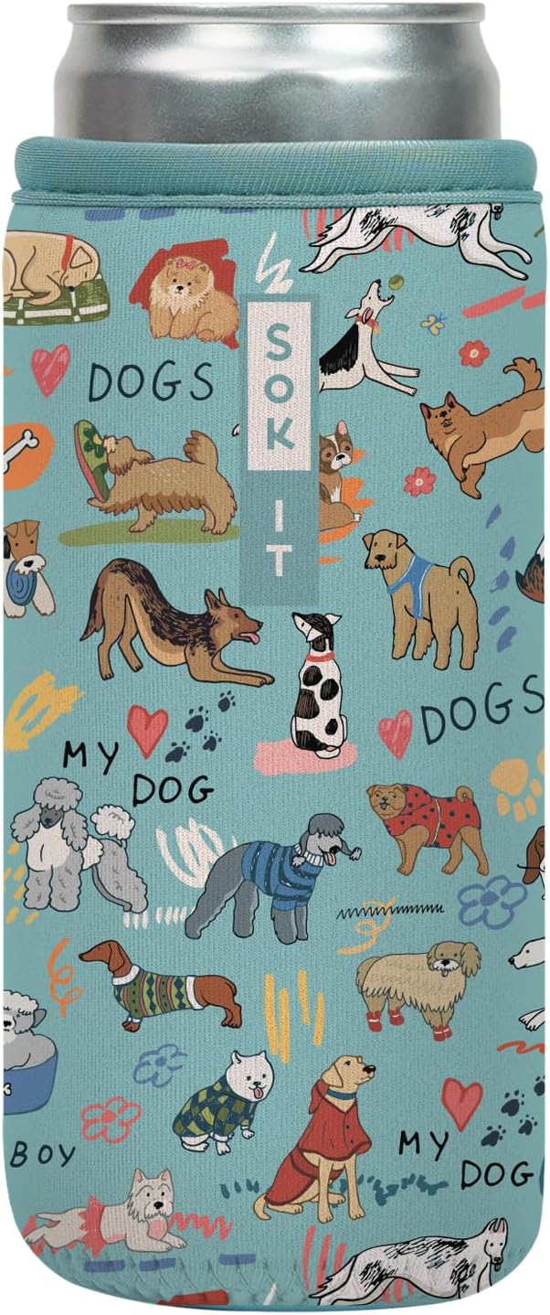 Sok It CanSok Sleeve for Beer & Soda Insulated Neoprene Cover (Dog Days Forever, 12oz Slim Can Sleeve)