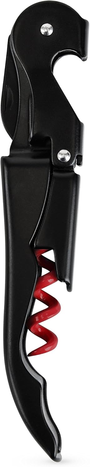True Brands TrueTap Double Hinged Waiters Corkscrew, Top-notch Stainless Steel Opener with Foil Cutter Built to Last Wine Key Black Red, Set of 1