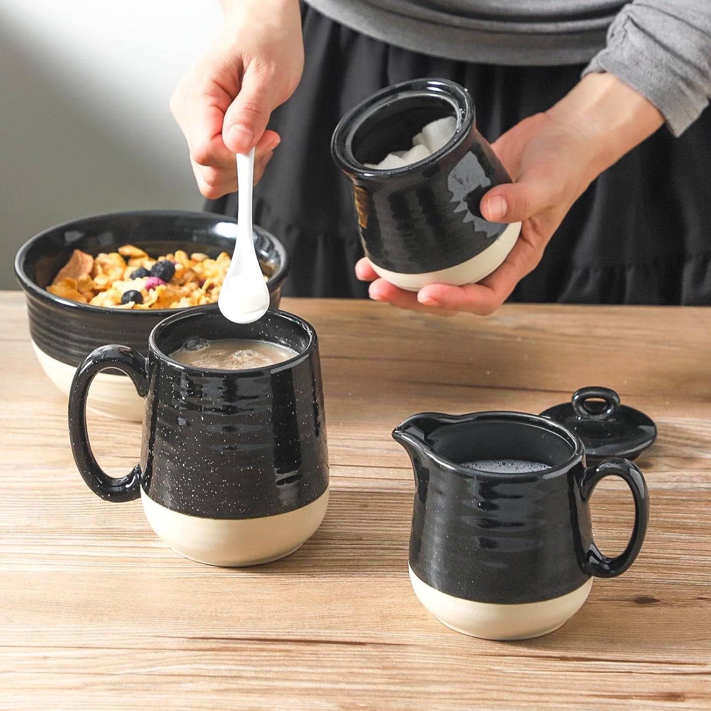 Hasense Sugar and Creamer Set, 3 Piece Porcelain Coffee Serving Set with Cream Pitcher, Sugar Bowl, Lid & Spoon, 10 Ounce Creamer Container and Sugar Pot, Farmhouse Decor (Black)