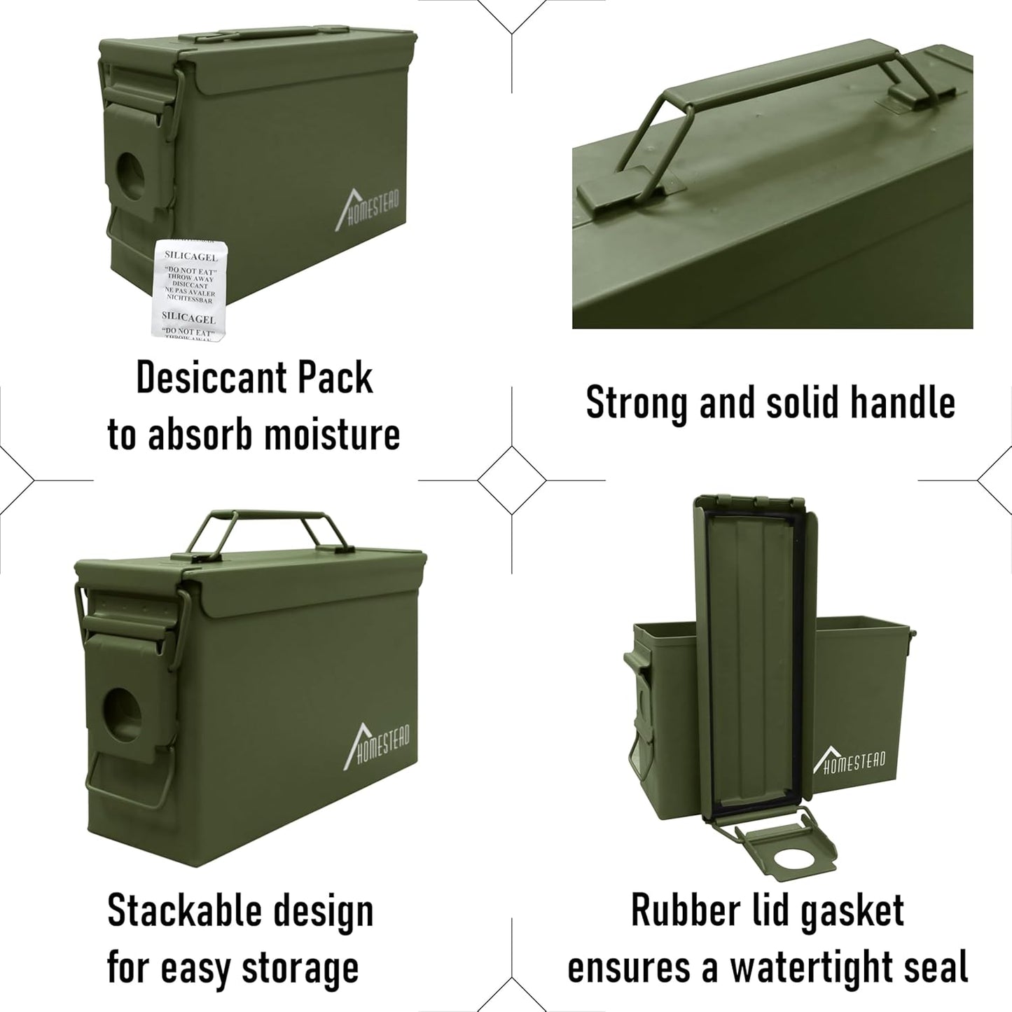 HOMESTEAD 30 Cal Metal Ammo Cans – 4 Pack M19A1 Military Steel Storage Boxes, Airtight & Water-Resistant Containers for Ammunition or Tools, Green Color