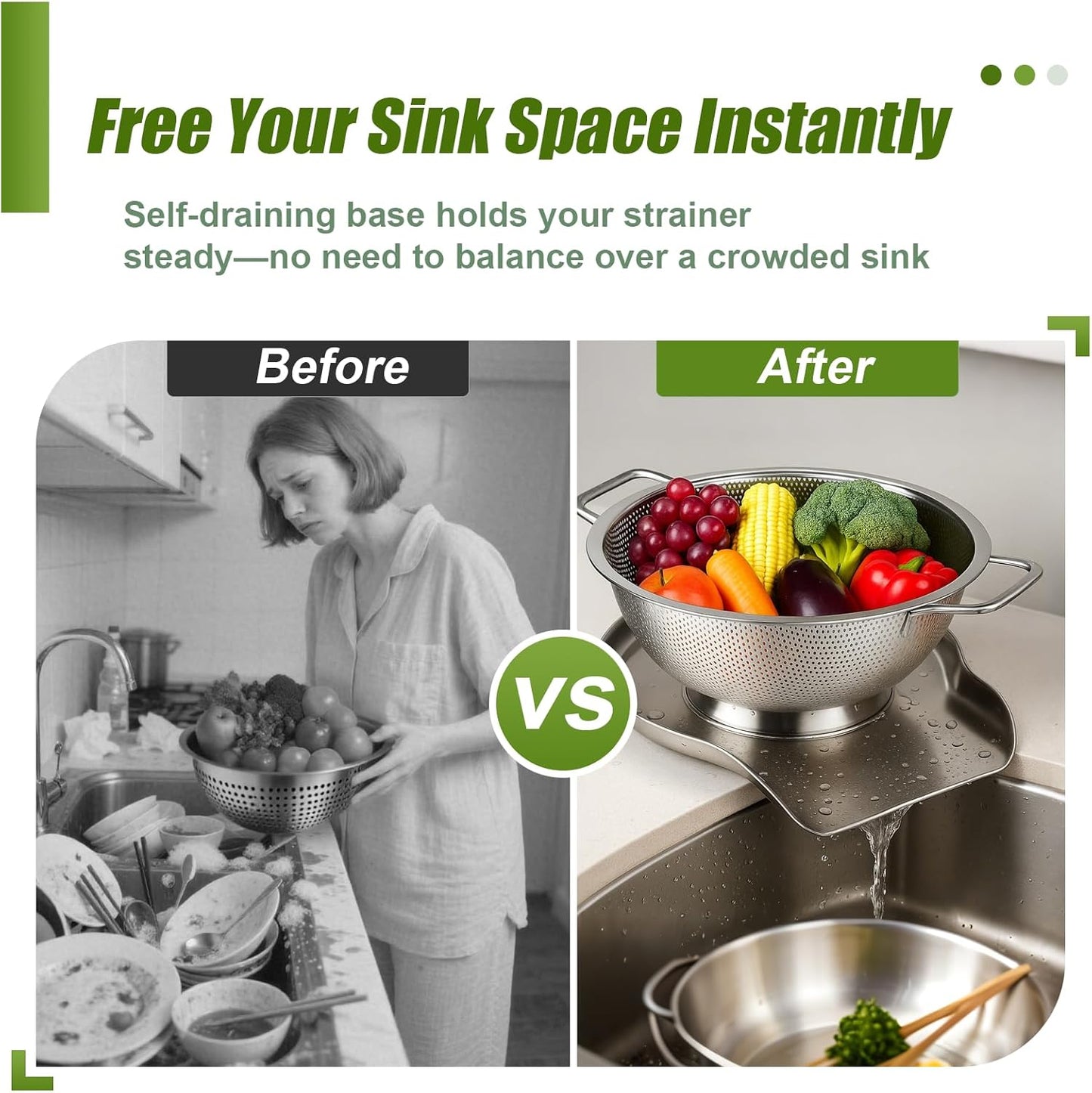 Palksky Colander and Strainer Self Drainer Base Plate Stainless Steel for Kitchen, Metal Countertop Draining Tray for Pasta Rice Noodle Fruit Veggie Food Strainer & Ceramic Colander