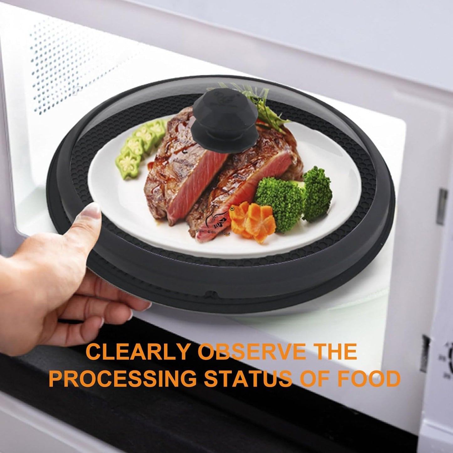 Glass Microwave Cover for Food 10.5 Inch Microwave Splatter Cover With Easy Grip Diamond Shape Handle Microwave Cover Glass Guard Lid Vented Edge Plate Cover for Heating Food (Black)