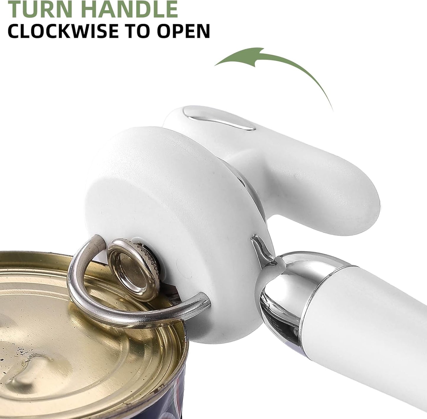 Can Opener Manual Tin Opener Stainless Steel Heavy Duty, Oversized Hand-held Easy Rotary Knob, Safe Cut Manual Can Opener with Non-Slip Handle, Smoother Cut Sharp Blade for Seniors Kitchen Tool, White