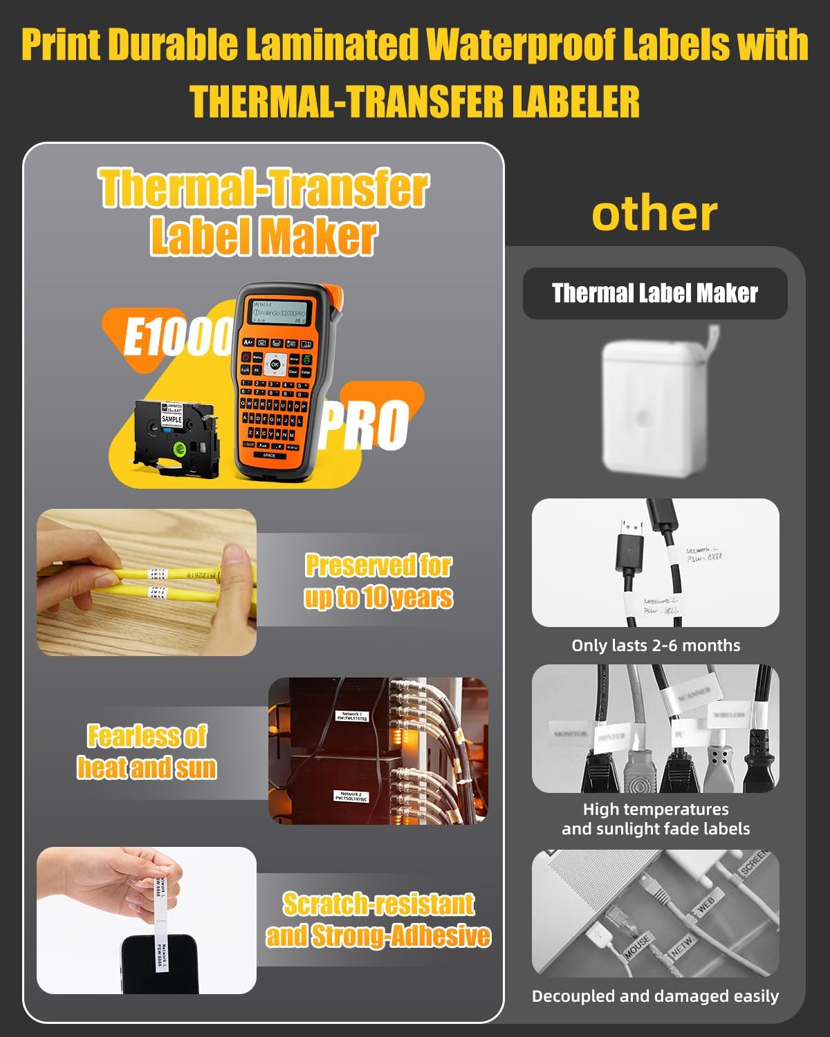 Label Maker Machine with-Tape, Heat Shrink Label Maker Waterproof-Labels, Wire Cable label Maker, E1000 Labeler Machine with-Tape 12mm Laminated Handheld Labeling Machine for Industrial Office