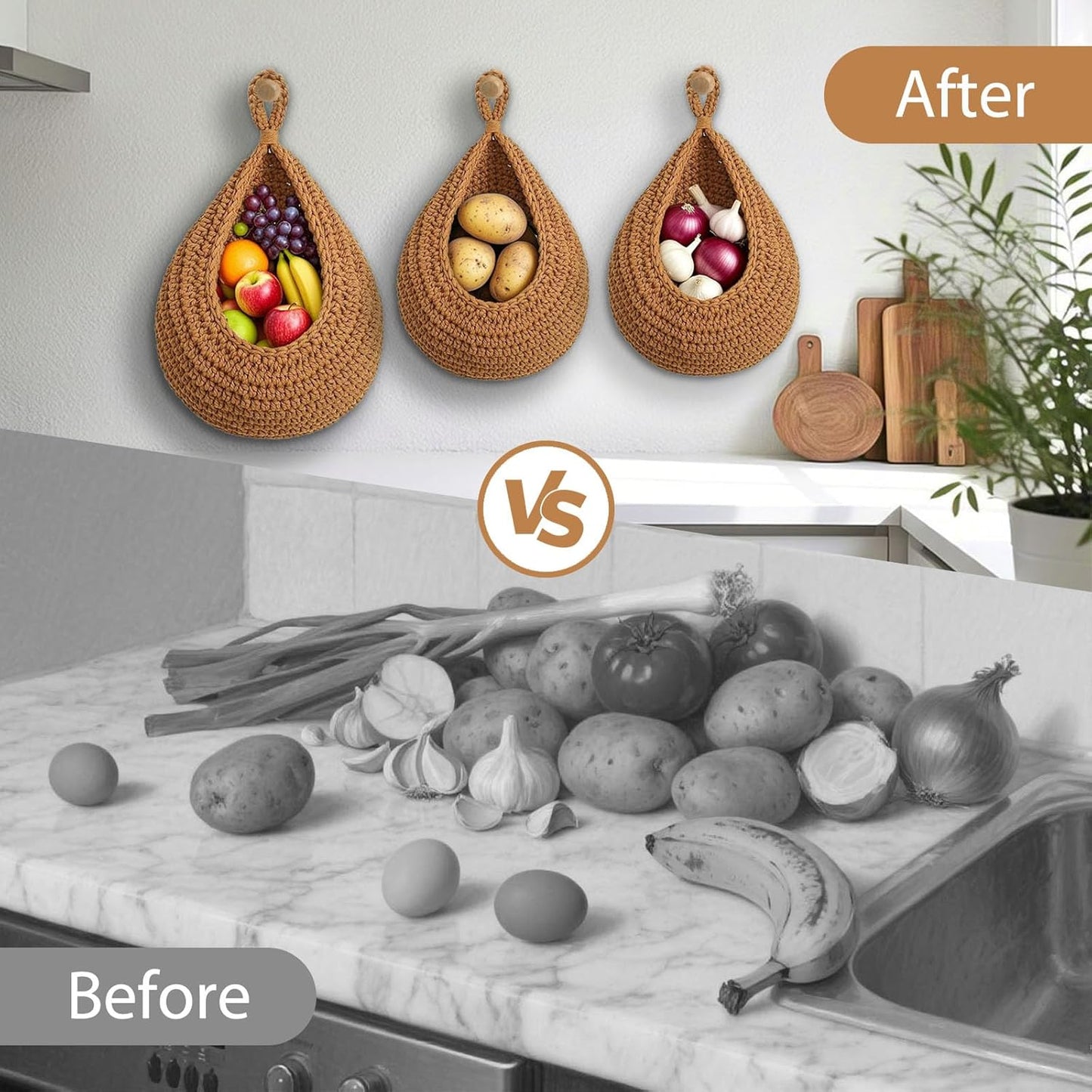 Hanging Fruit Baskets for Kitchen, 3 Pack Boho Cotton Rope Handwoven Vegetable Storage Wall Mounted Large Organizing Basket for Farmhouse Decor, Onion, Potato, Garlic and Plants (Caramel)