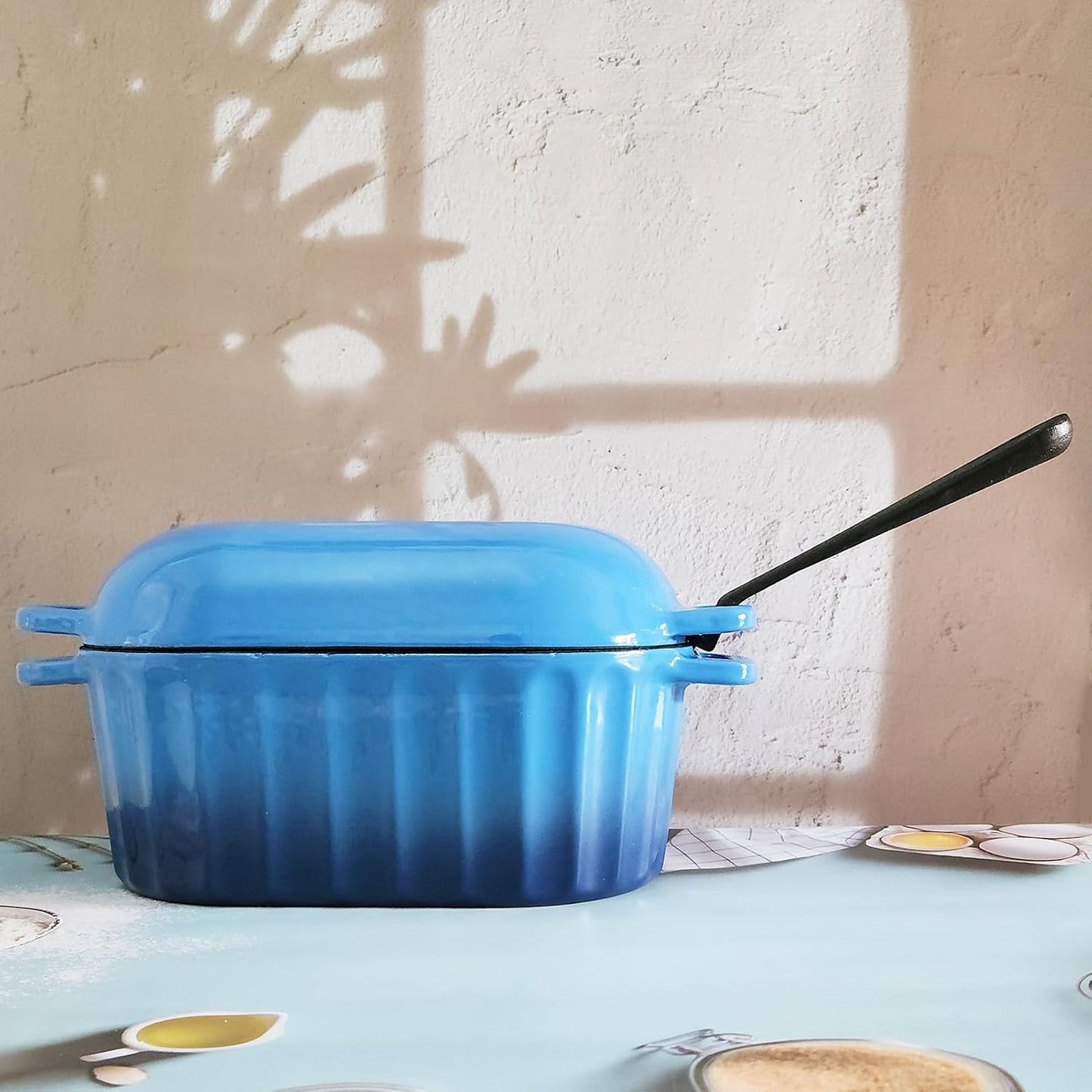 Dutch Oven Enameled Cast Iron Bread Pan with Lid Sourdough Loaf Pans for Baking Bread Large Heavy Oval Bread Dutch Oven with Movable Handle 4 Qt Blue Dishwasher Safe