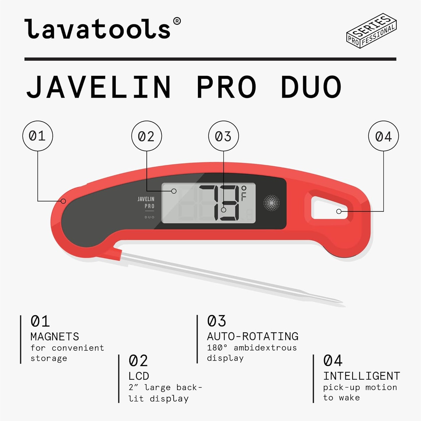 Lavatools Javelin® PRO Duo Ultra-Fast 2-Second Professional Digital Instant Read Meat Thermometer for Grill and Cooking, Auto-Rotating Backlit Display, IP65 Water Resistant – Panda
