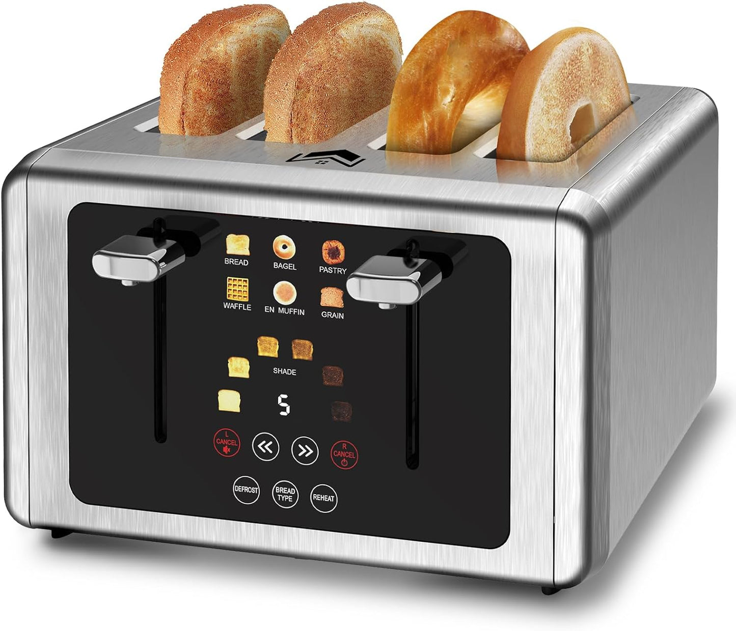 4 Slice Toaster, Touchscreen & Dual Independent Control Panel，5 Basic Functions & Digital Countdown Toasters, 6 Shade Settings＆6 Bread Types, Smart Bread Maker Mute/Screen-Off,Platinum