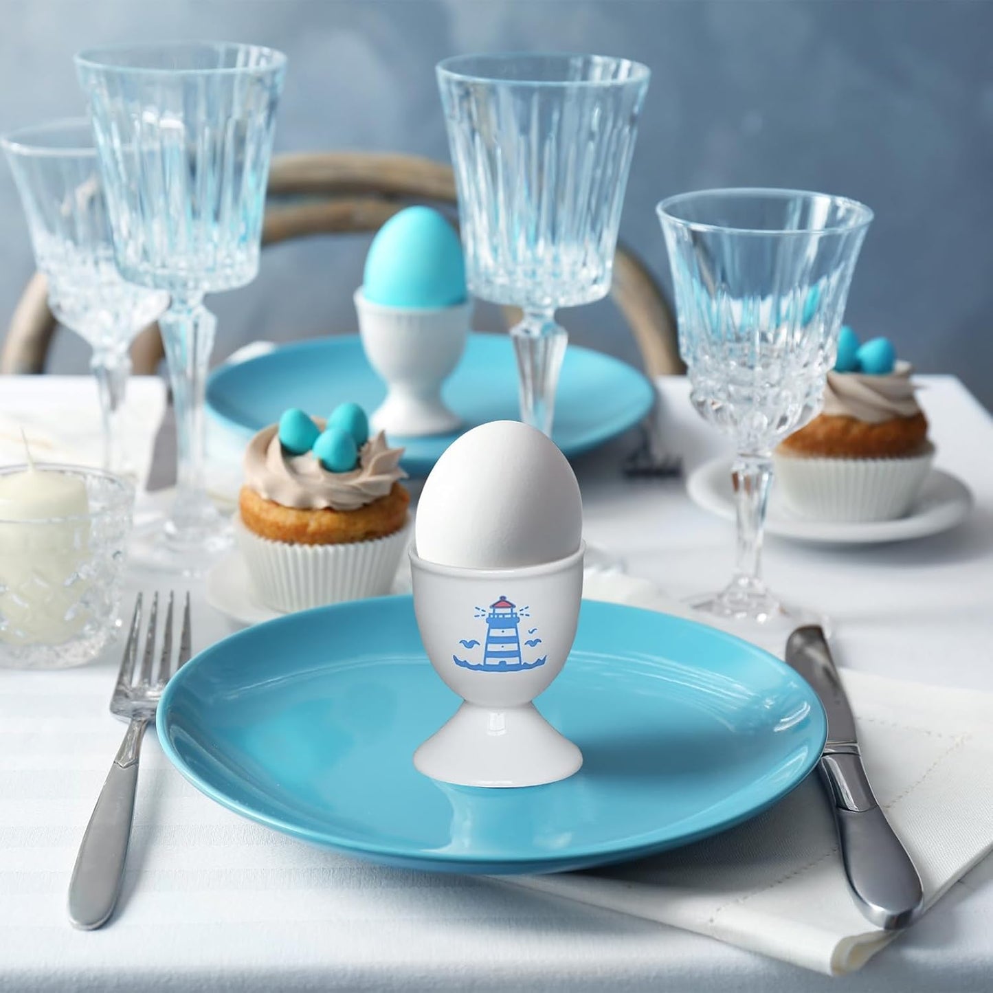 Cinf Ceramic Egg Cup Set of 2 Porcelain Holder Breakfast Boiled Cooking Easy to Clean Childhood Memories Kitchen(Lighthouse Whale)