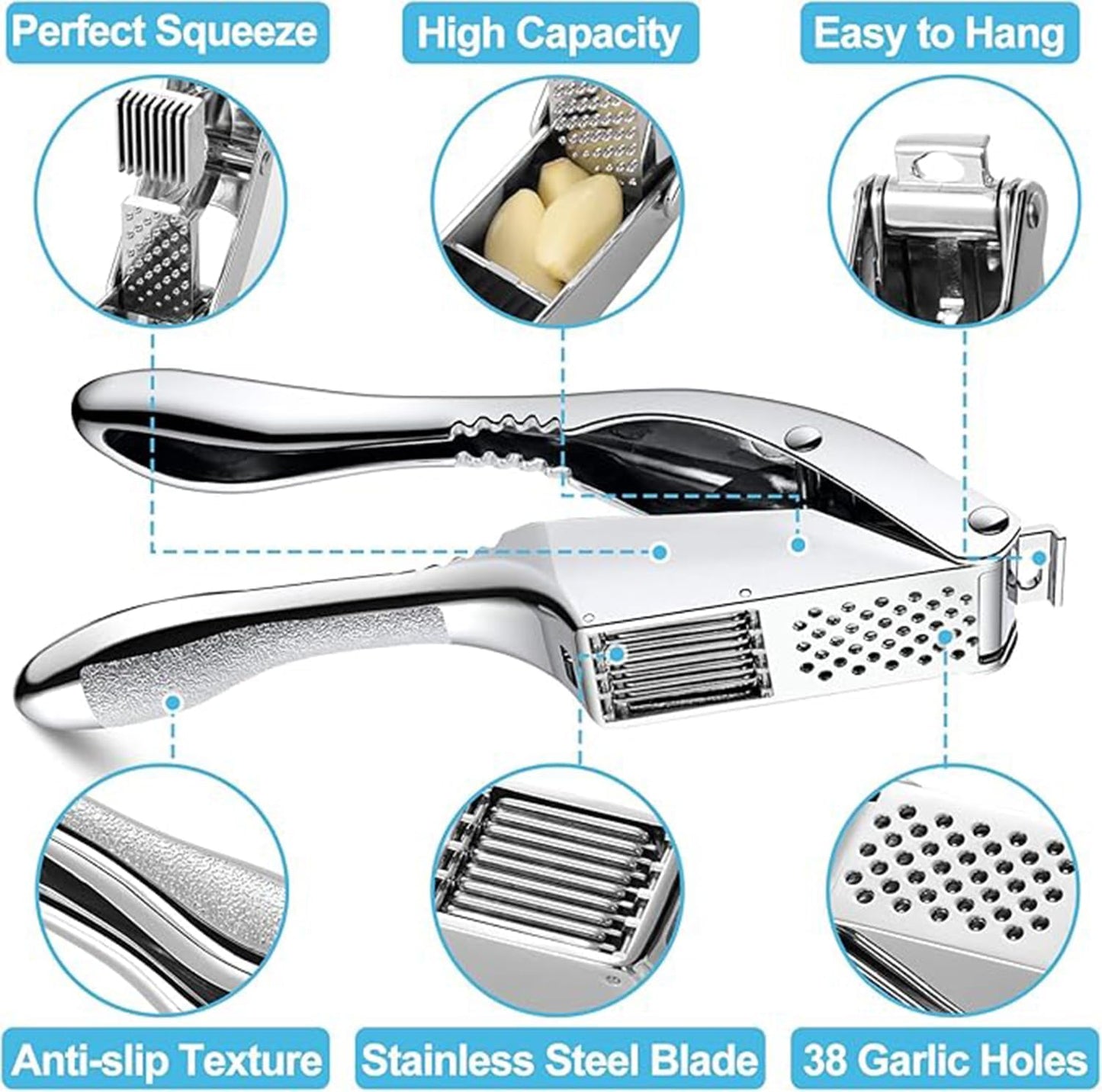 Garlic Press and Slicer 2 in 1, Rust Proof & Dishwasher Safe Professional Garlic Mincer Tool, Effortlessly Crush and Mince Garlic with this Ergonomic Handle-Garlic Peeler & Brush ANCQMI(Pear white)