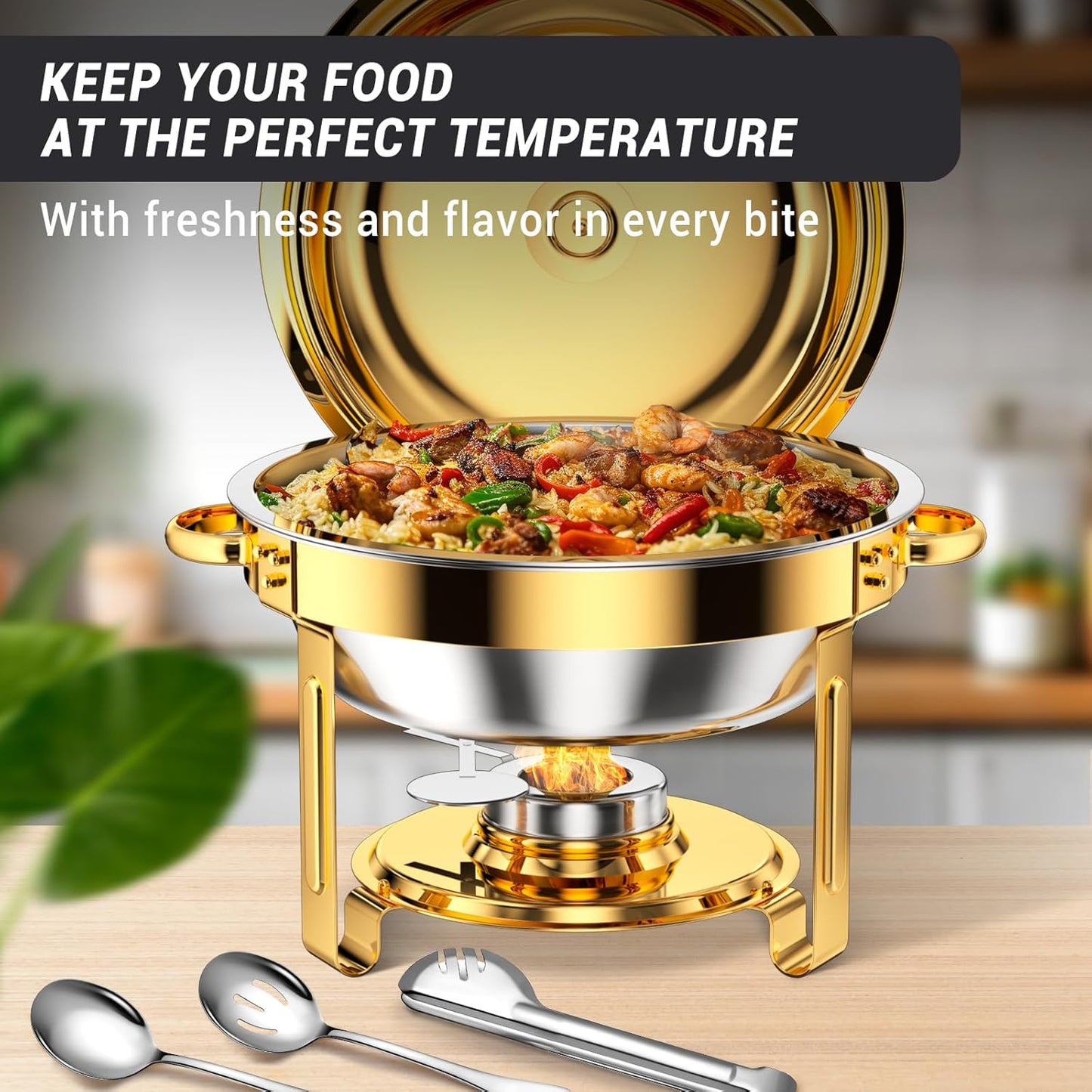 Round Chafing Dishes for Buffet 5 Qt,High Grade Chafing Dish Buffet Set with Stainless Steel Lid & Lid Holder,Full Size Pan,Food Warmers for Parties,Buffet,Wedding, Birthday 4 Pack (Gold)