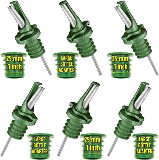 Olive Oil Spout for Olive Oil Dispenser - UK Patented Oil Pourer - Mid Flow Shut Off for Accurate Measurement - One Handed Open & Close Cap Keeps Oil Fresh and Prevents Oxidization - Green 6 Pack