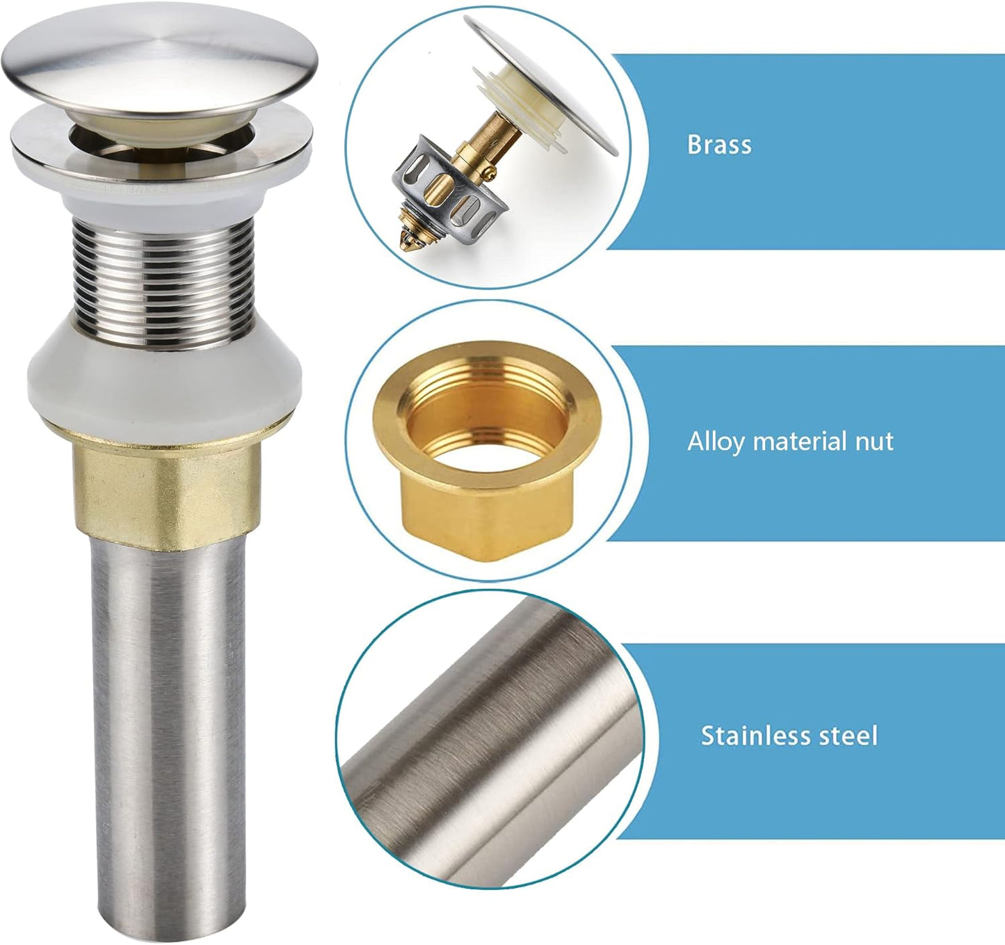 Bathroom Sink Drain,2 Pack Drain Stopper Bathroom Sink Without Overflow,Pop Up Drain Assembly with Detachable Strainer Basket,Built-in Anti-Clogging Strainer,Stainless Steel Brushed Nickel