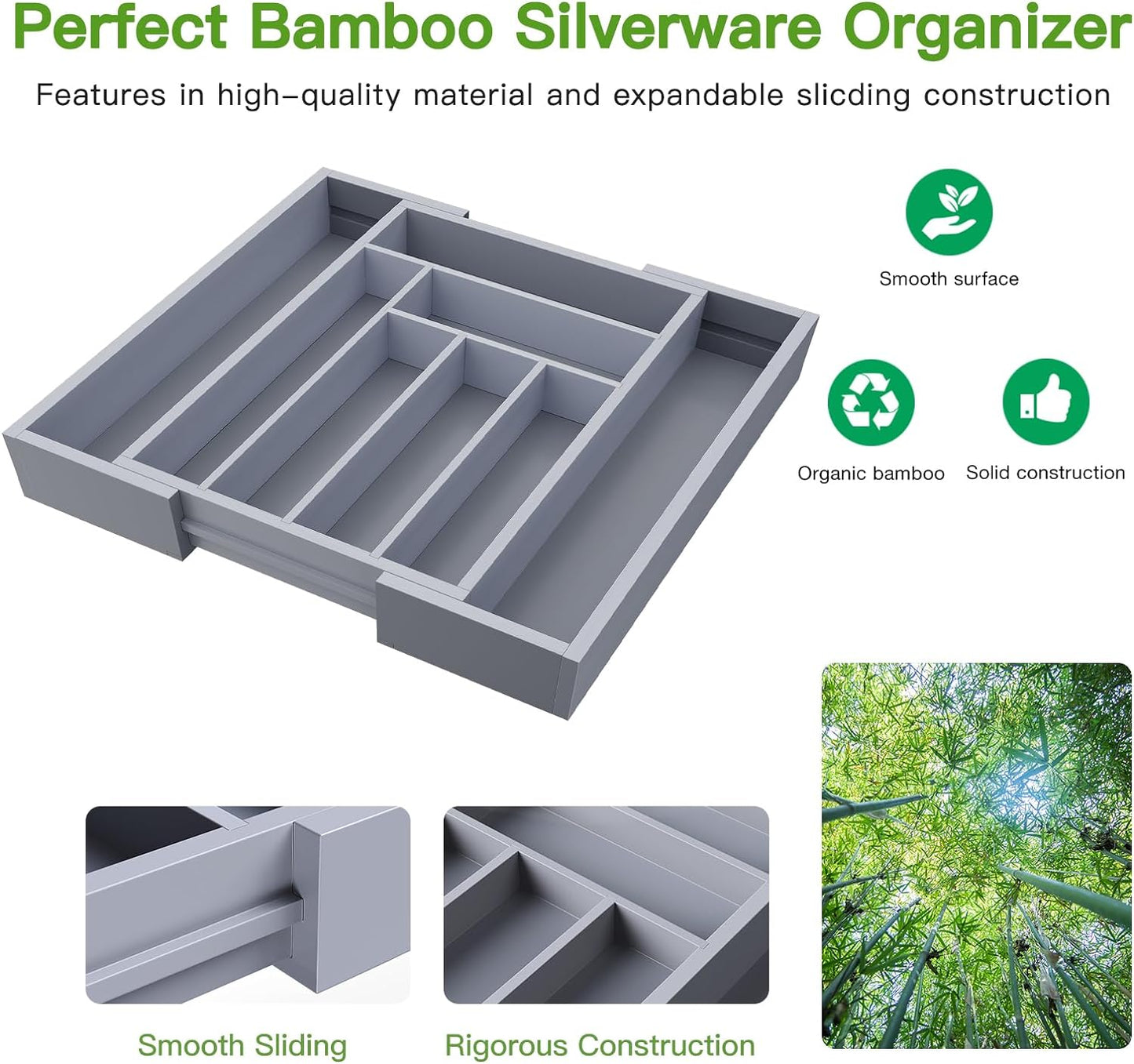 Pipishell Bamboo Expandable Drawer Organizer for Utensils Holder, Adjustable Cutlery Tray, Wood Drawer Dividers Organizer for Silverware, Flatware, Knives in Kitchen, Bedroom, Living Room(M-Grey)