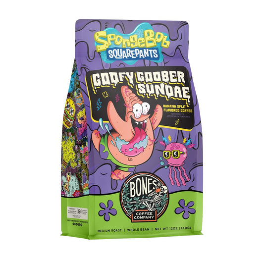 Bones Coffee Company Spongebob Goofy Goober Sundae, Banana Split Flavored Coffee, Medium Roast Low Acid Arabica Beans Compatible with Auto drip and French Press Coffee Maker, 12 Oz Whole Bean