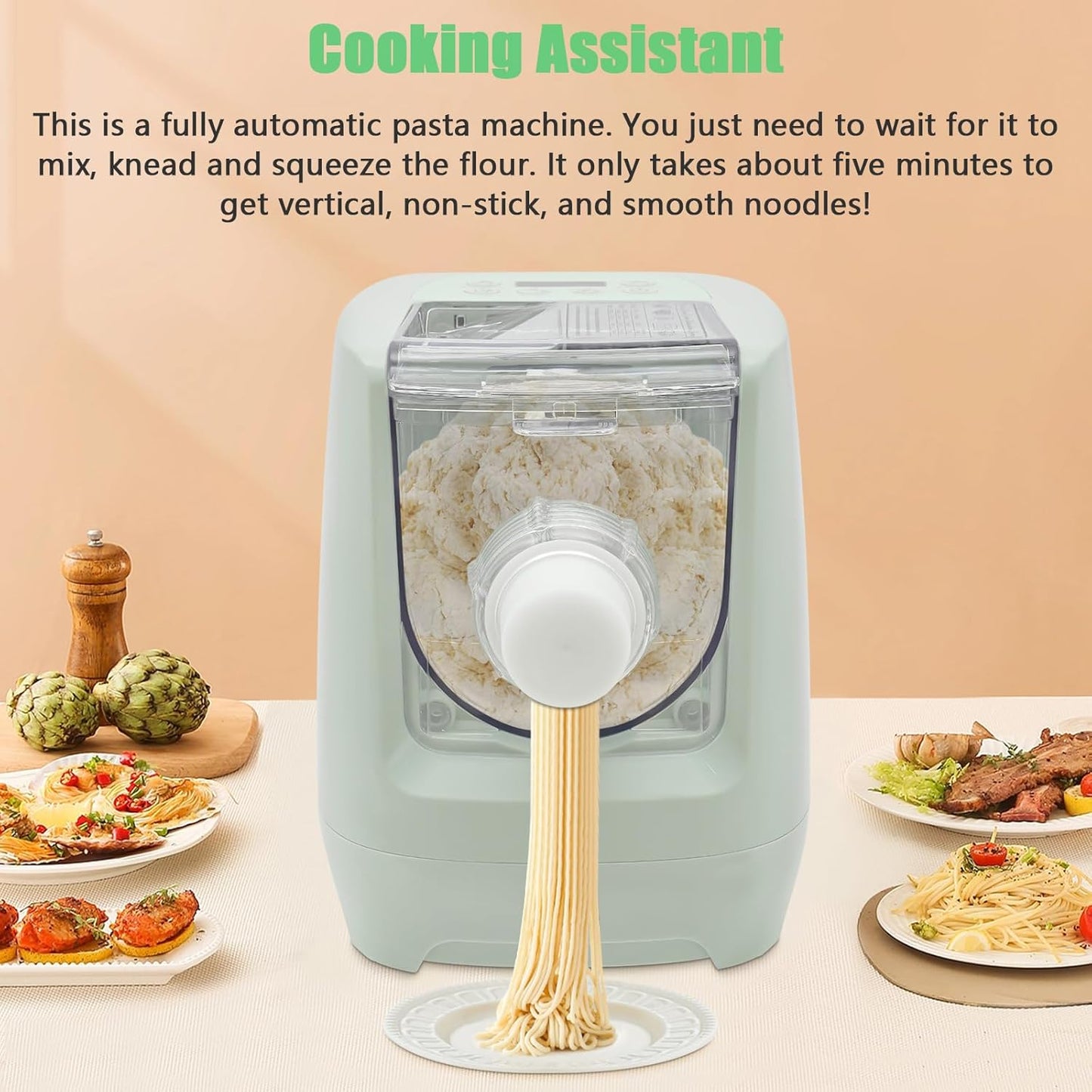 260w Automatic Pasta Machine, Electric Pasta Noodle Machine, 12 Noodle Shapes Pasta Machine With Measuring Cup,Capacity 0.6kg/ 1.32lbs,Can Make Long Noodles, Spaghetti, Macaroni (Green)