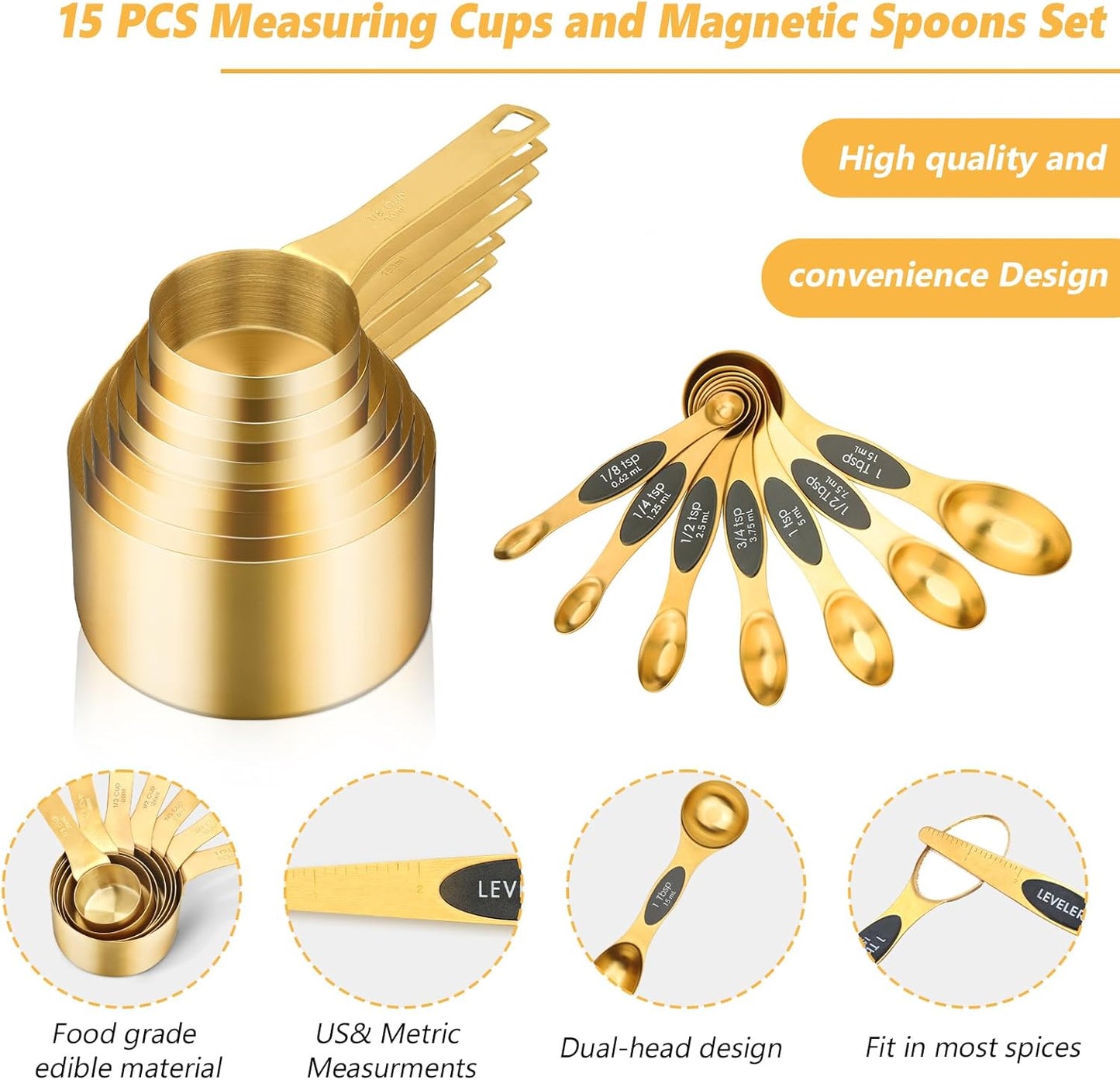 Magnetic Measuring Spoons and Cups Set of 15, Including 7 Magnetic Gold Measuring Spoons with 1 Leveler, 7 Stainless Steel Heavy Duty Gold Measuring Cups, Ideal for Cooking & Baking