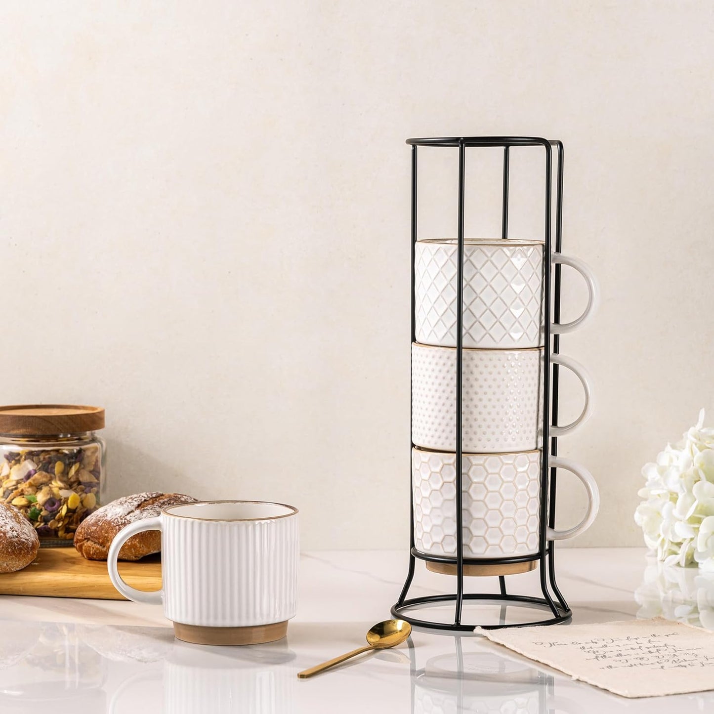 GBHOME 12OZ Stackable Coffee Mugs with Stand, Ceramic Coffee Mugs with Texture Patterns for Man,Woman,Dad,Mom, Modern Coffee Cups Set of 4 for Latte/Cappuccino/Cocoa. Dishwasher&Microwave Safe