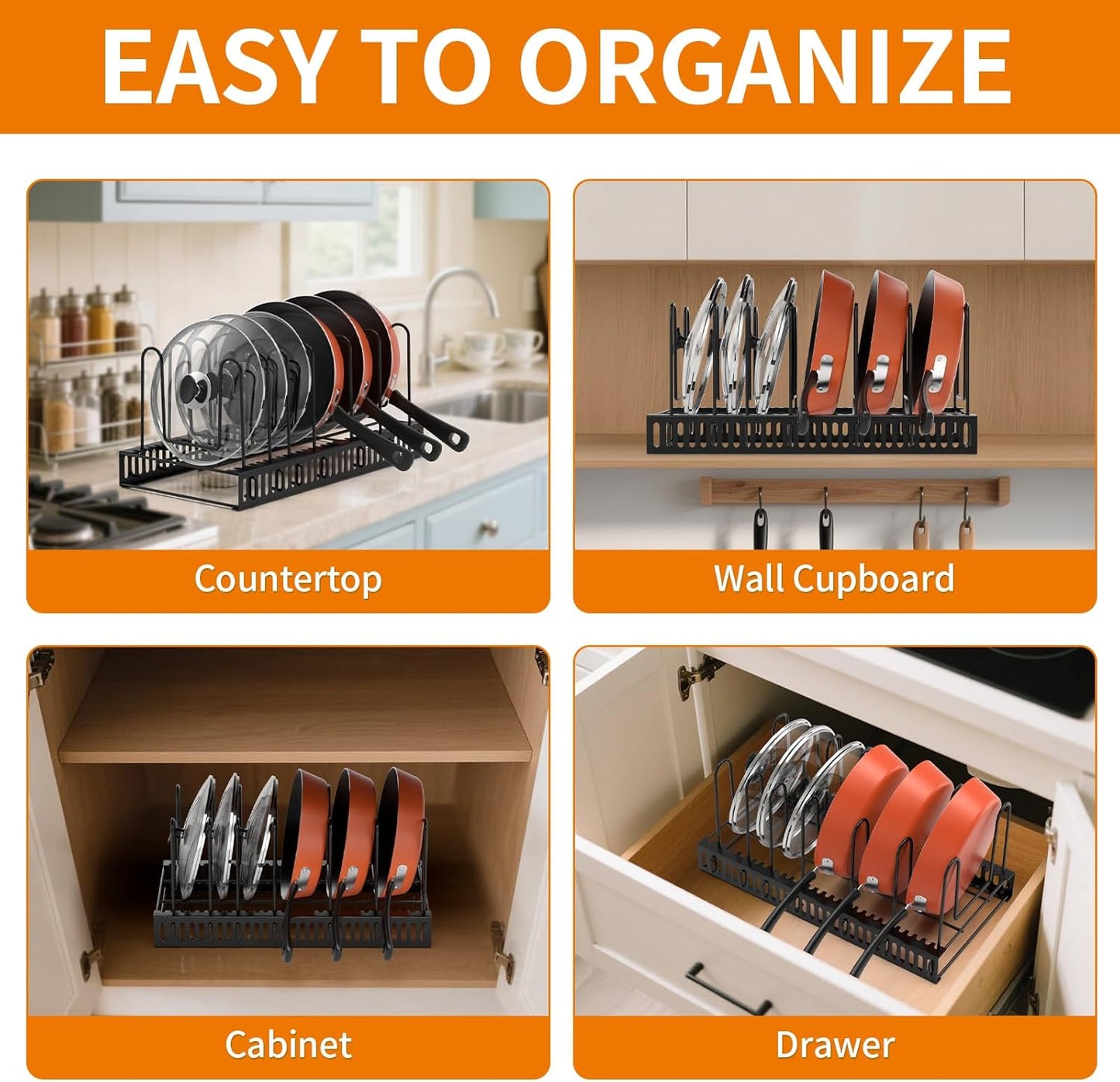 Pot Lid Organizer for Cabinet,7 Adjustable Dividers Storage for Cabinet - Heavy-Duty Pot & Pan Organizer - Perfect to Store Pots, Bakeware, Plates, Cookie Sheets, Trays, Dish, Cutting Boards
