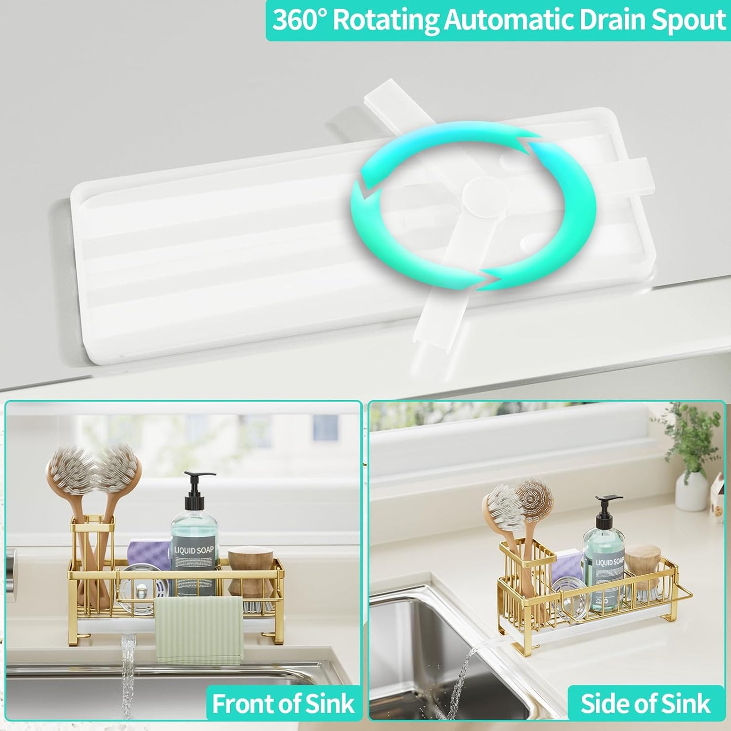 HapiRm Sponge Holder for Kitchen Sink - Self-draining Sink Caddy with Brush Holder and Dishcloth Holder, Stainless Steel Kitchen Organizer for Countertop - Gold