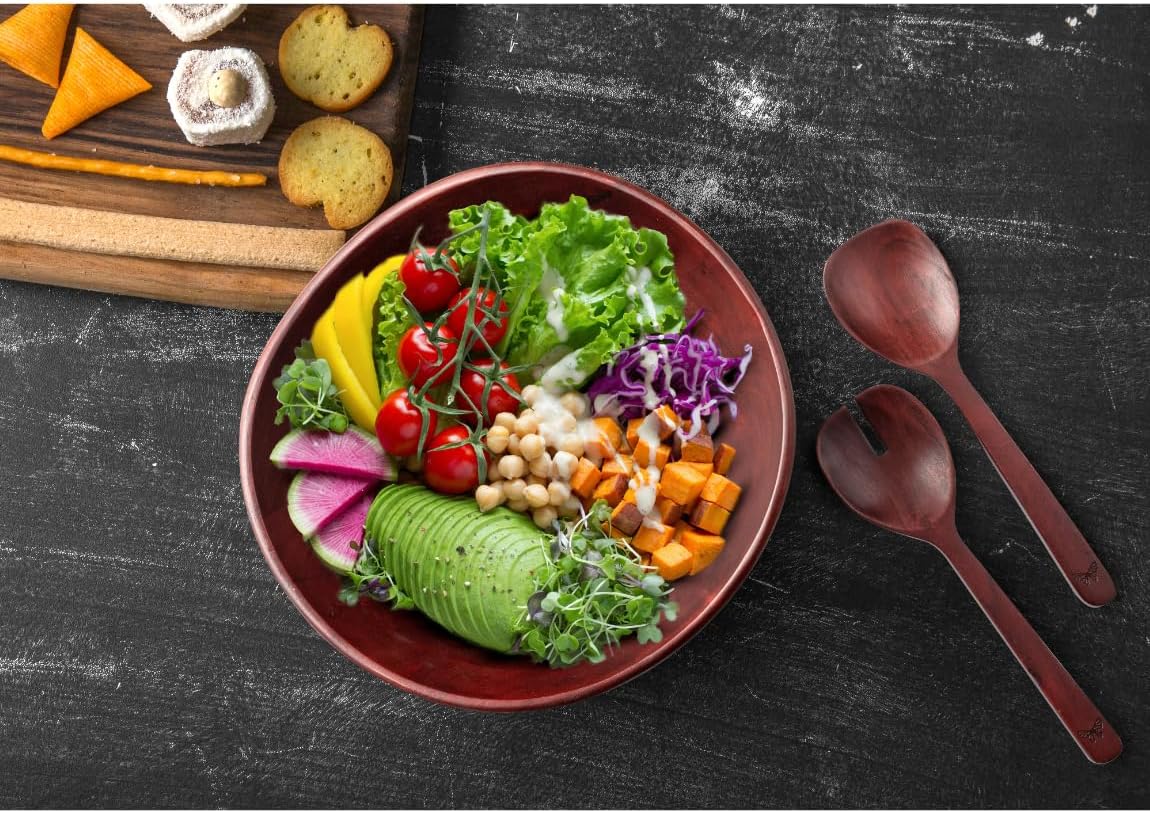 Melvvi Large Wooden Salad Bowl Set with 2 Small Bowls and 2 Serving Utensils | 12" & 6" Acacia Wood Bowls for Food | Great Gift for Kitchen & Dining (Natural Set of 5) (Royal Set of 3)