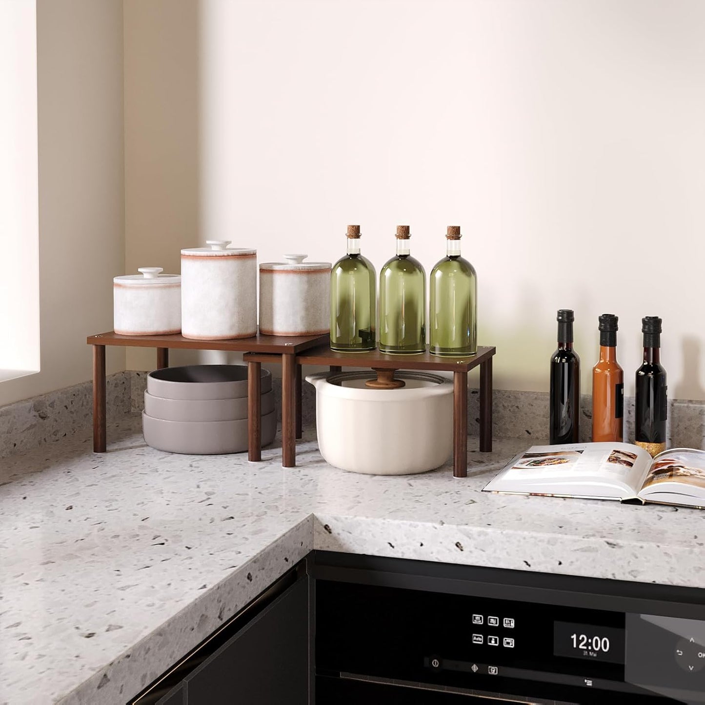 Cabinet Organizer Shelf(Set of 2),Kitchen Counter Shelves,Bamboo Spice Rack Countertop and Cabinet,Stackable Expandable,Medium(Brown)