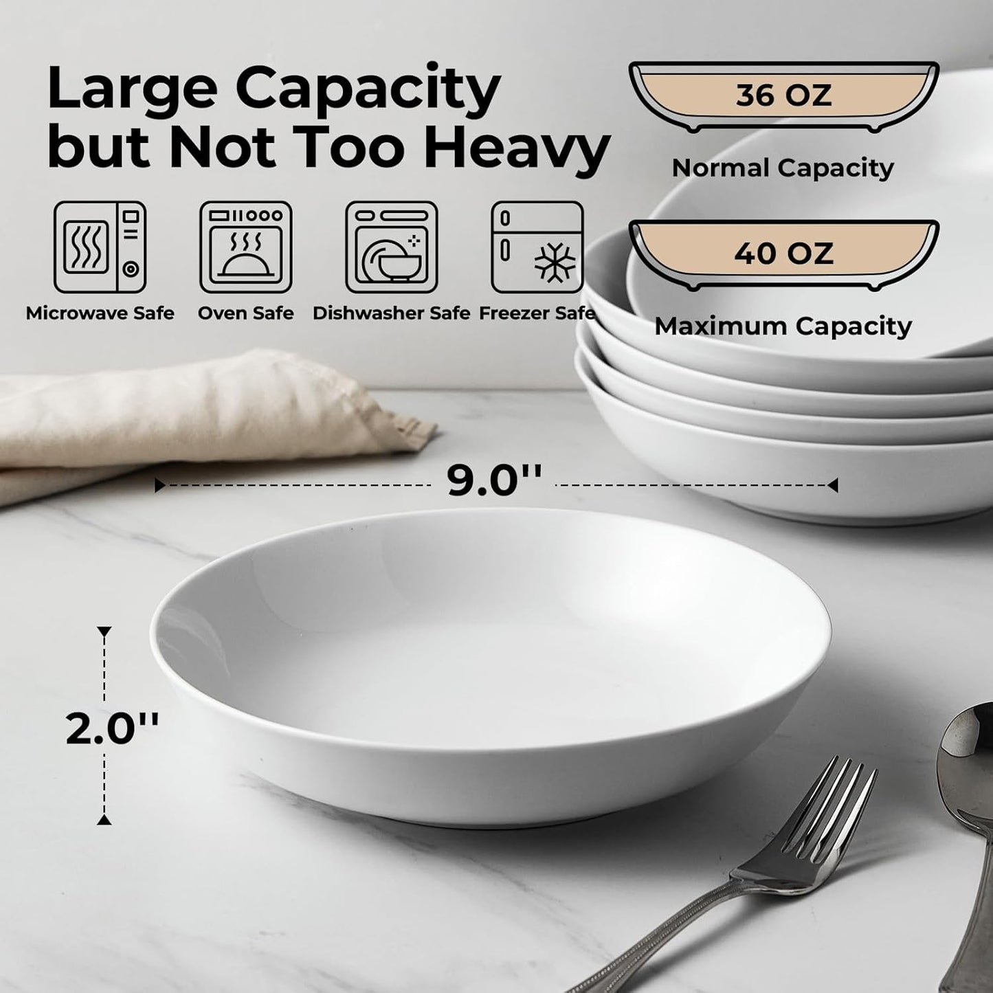 Y YHY 9" Pasta Bowls, 40oz Large Salad Bowls Set of 6, Wide Shallow Ceramic Bowls for Serving Soup, White Dinner Plates Set for Kitchen, Microwave Dishwasher Safe