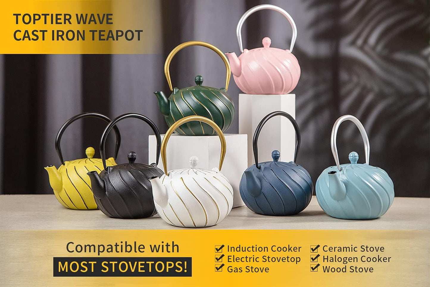 TOPTIER Japanese Cast Iron Tea Kettle with Infuser for Loose Leaf and Tea Bags, Stovetop Safe Teakettle with Enameled Interior, 40 oz (1200 ml), Navy Blue