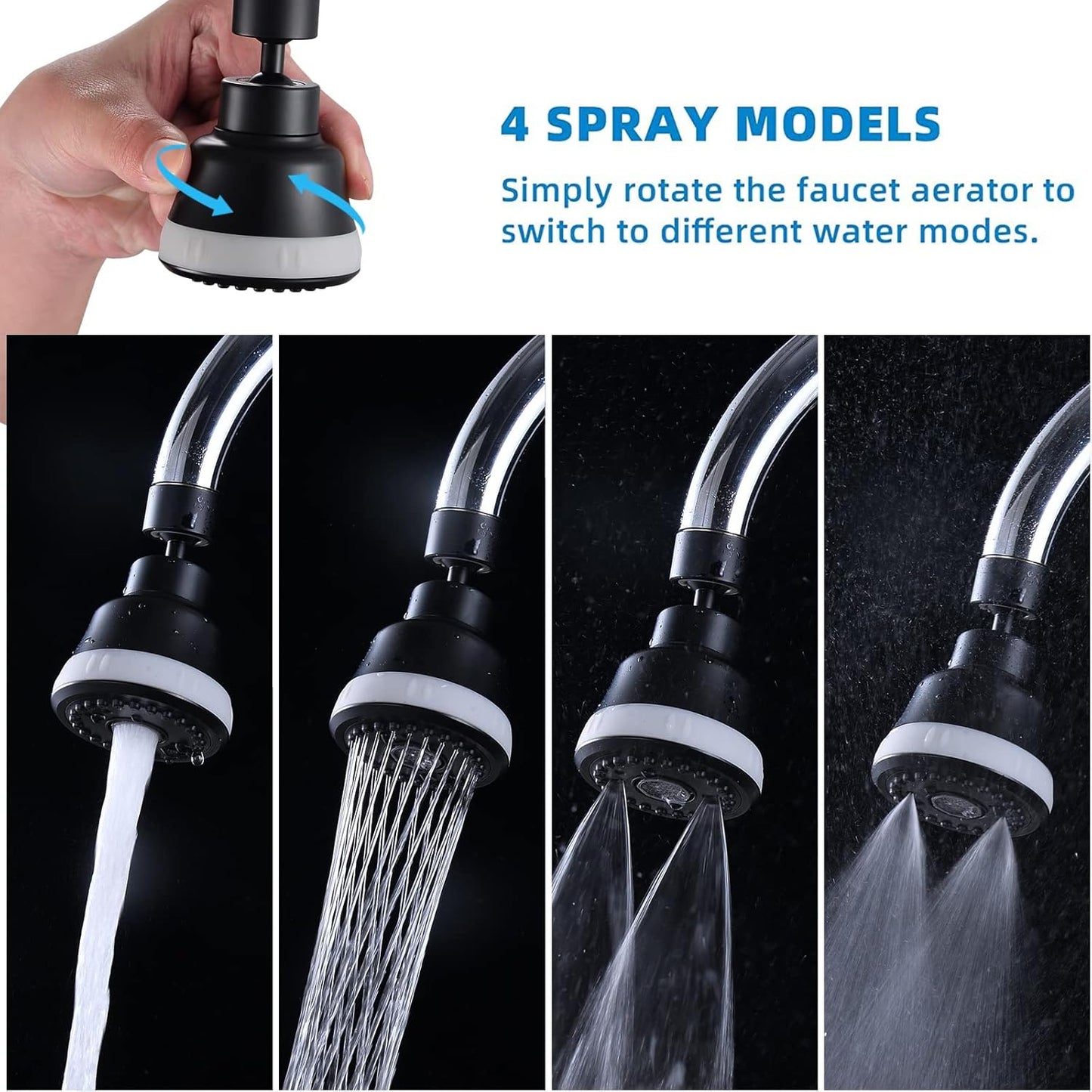 4 Spray Modes Faucet Aerator,360 Degree Faucet Sprayer Attachment,Big Angle Kitchen Faucet Aerator,Swivel Faucet Extender,Sink Sprayer Attachment for faucet,55/64 inch Female Thread (Black)