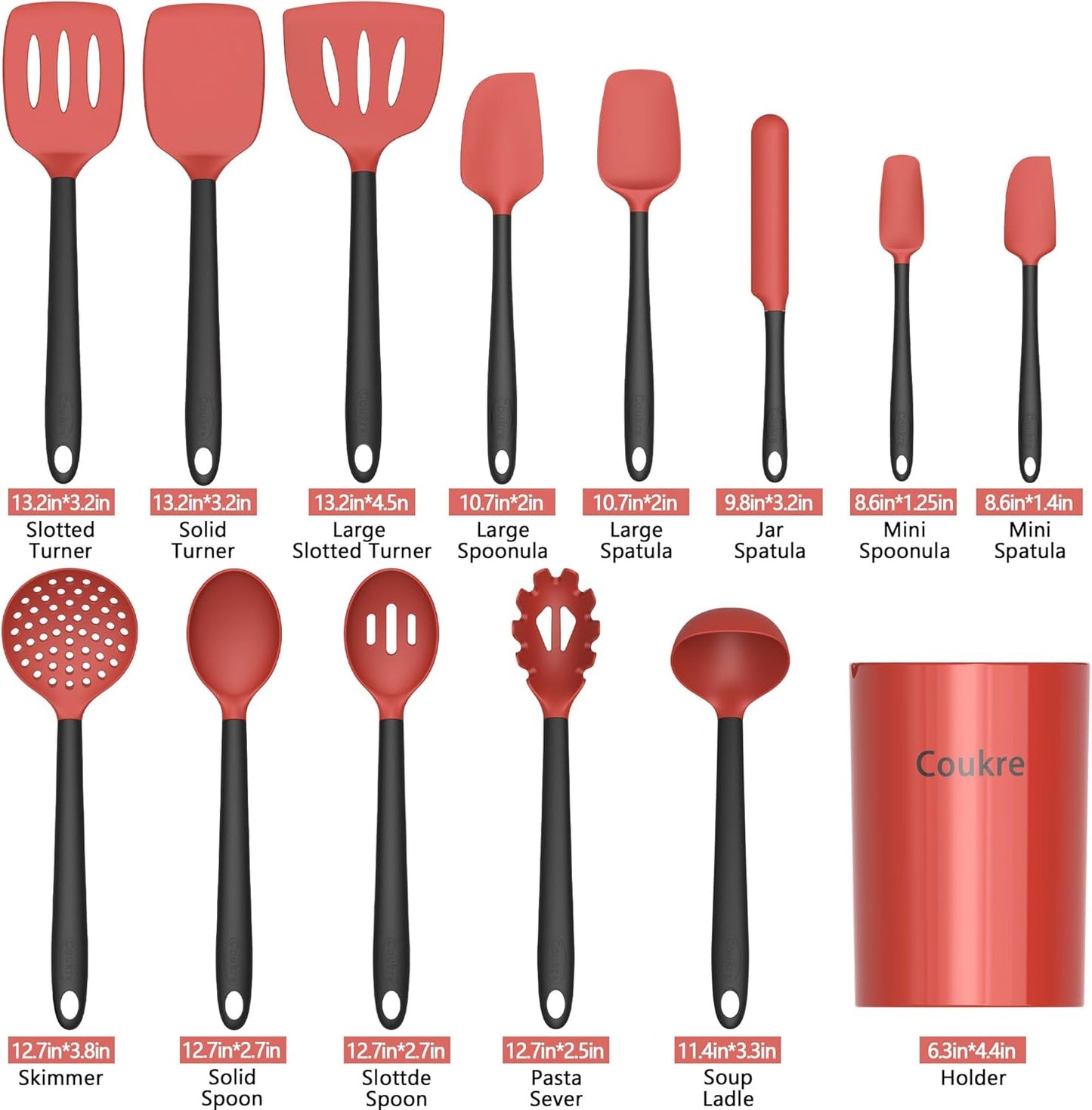 Coukre Silicone Kitchen Cooking Utensils Set with Holder – Heat-Resistant, Food-Grade Kitchen Tools, Spatula, Spoon & Gadgets for Non-Stick Pans, Dishwasher Safe (14, Red)