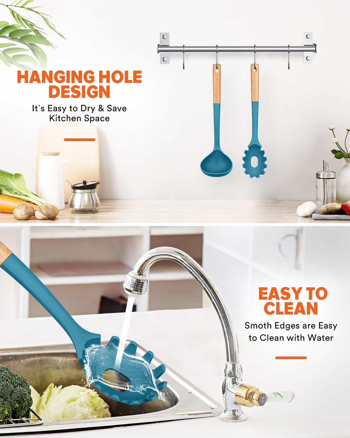 Pasta Fork and Ladle Set, Perfect for Serving Hot Soup, Stirring, and Sauce Pasta, BPA-Free Matte Silicone, Wood Handle Spaghetti Spoon for Nonstick Cooking Surfaces (Blue)