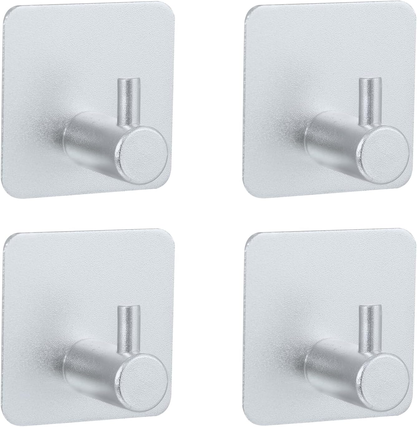 Aluminum Wall Hooks, No Drill Damage-Free Adhesive Hook, Product for Hanging Heavy Duty for Bathroom Kitchen Home (Single Square Sliver Hook, 4)