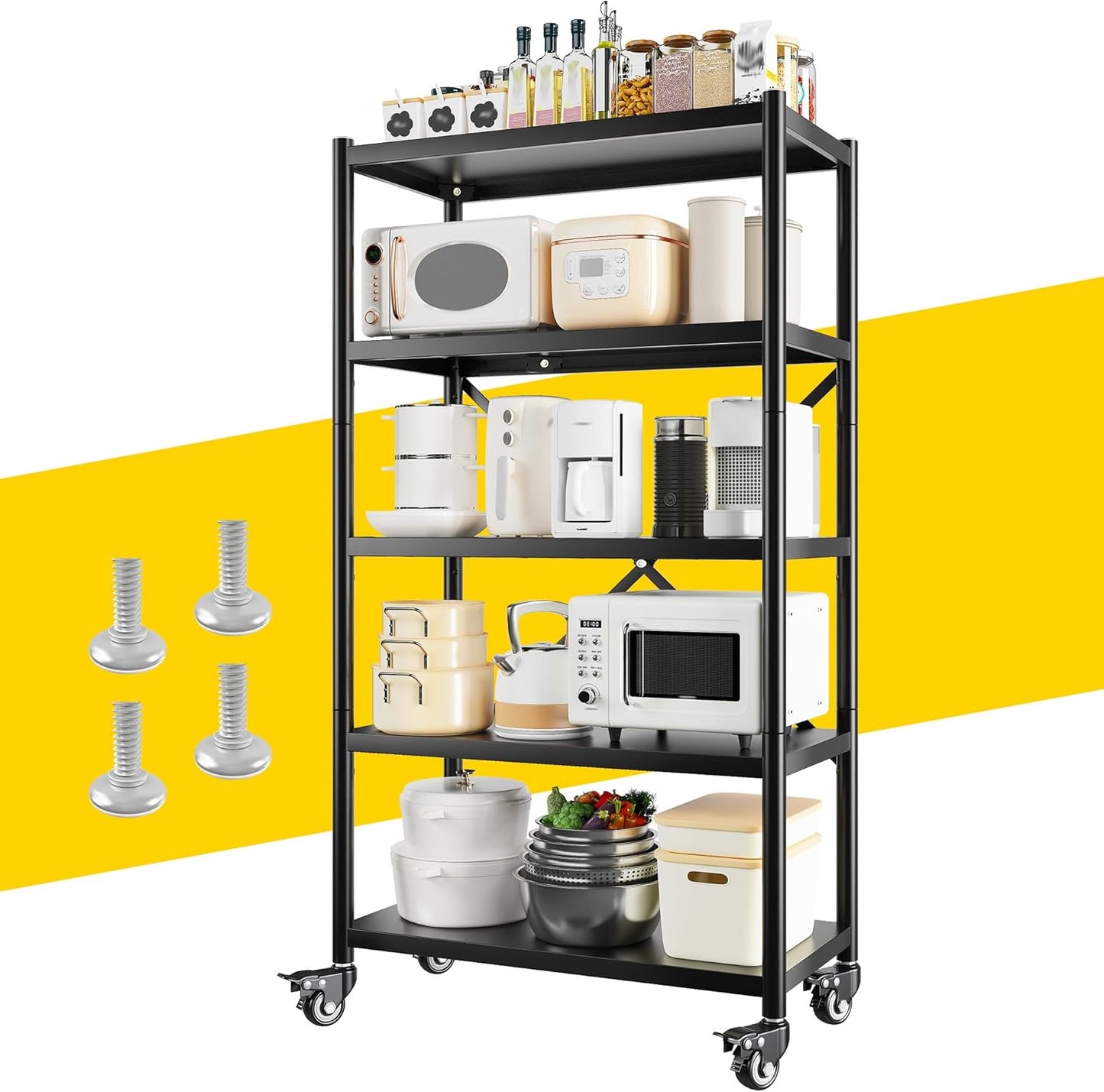 REIBII 5 Tier Metal Shelving Unit Load 1168LBS,Storage Shelves with Wheels,Wire Garage Shelving Commercial Shelf Organizer for Laundry Kitchen Pantry Closet Living Room,23.6" W X 15.7" D X 65.4" H