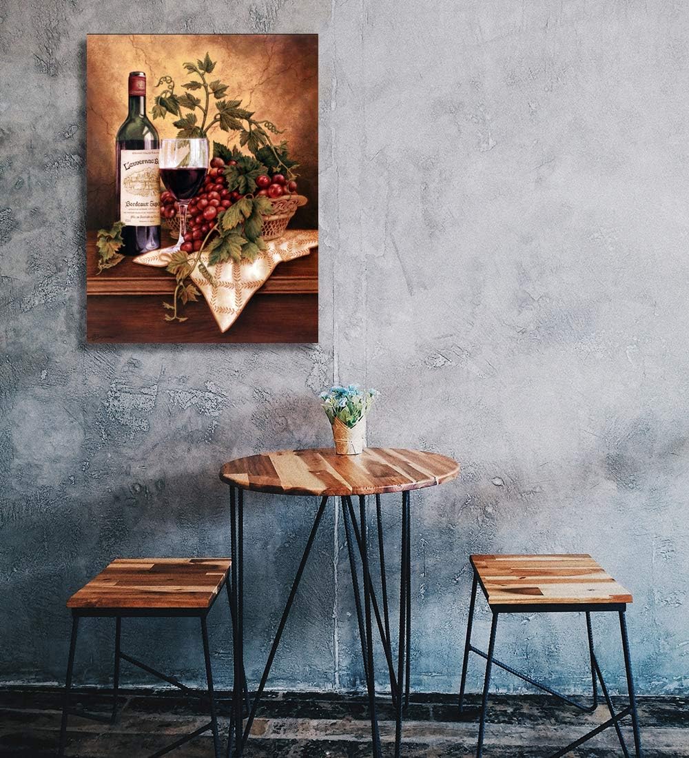 Looife Kitchen Wine Bottle Canvas Wall Art, 12x18 Inch Vintage Red Wine Glass Cup with Grapes Picture Prints Wall Decor, Modern Art Deco for Dining Room and Bar Wall Decoration