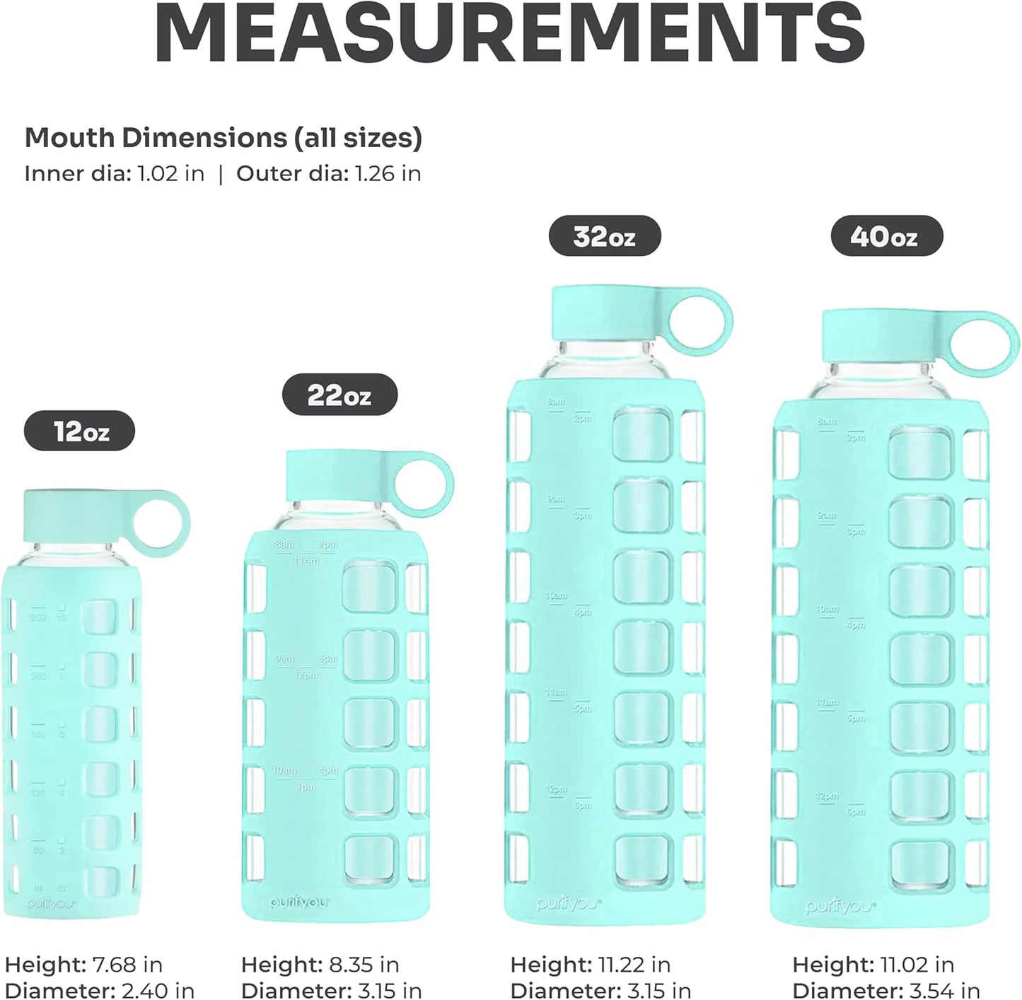 purifyou 40oz / 32oz / 22oz / 12oz Borosilicate Glass Water Bottle with Time & Volume Markers, Silicone Sleeve, Stainless Steel Lid – Reusable Glass Bottle for Water & Juice (12oz Glow-in-the-Dark)