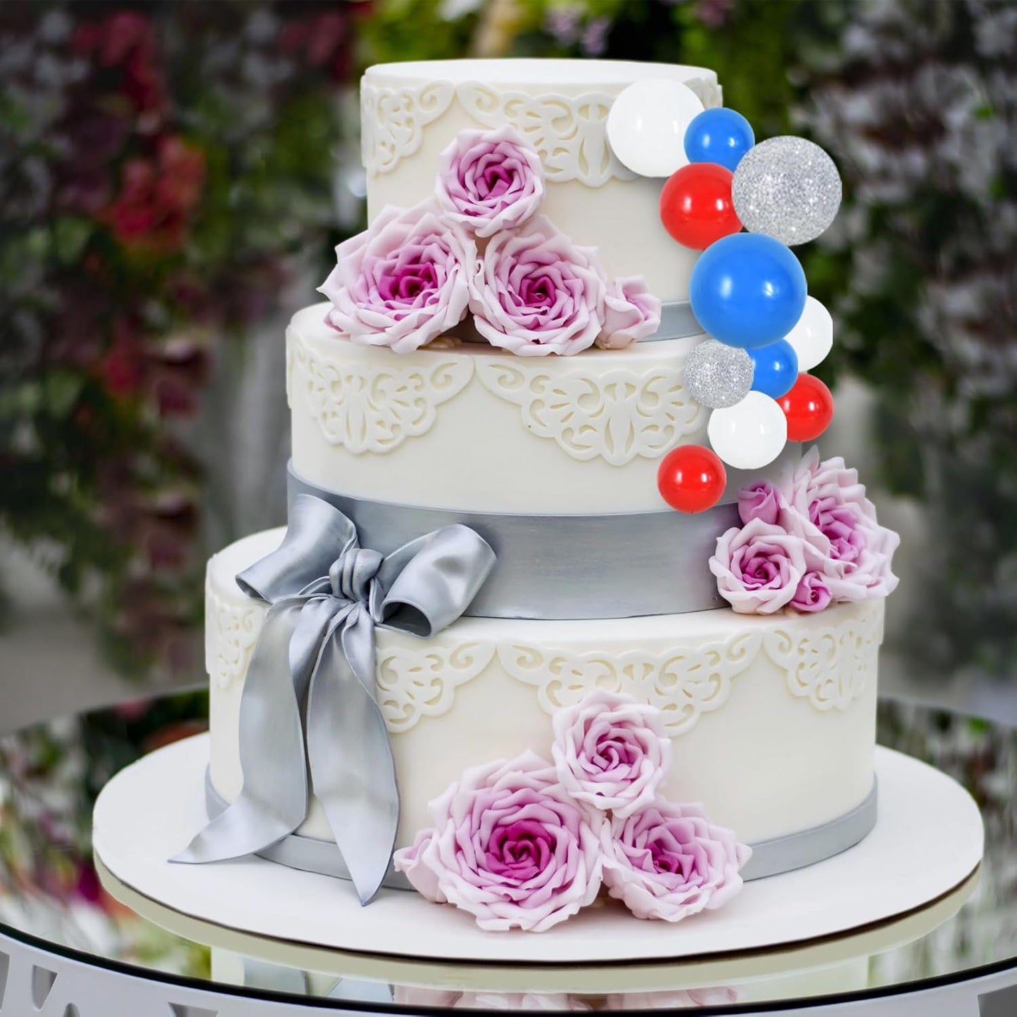 BEISHIDA 40 Pcs Foam Ball Cake Toppers with Sticks Mini Cake Decorations for Birthdays, Weddings, Baby Showers, DIY Baking Supplies, Anniversary Party (Red, Blue, White，Silver)