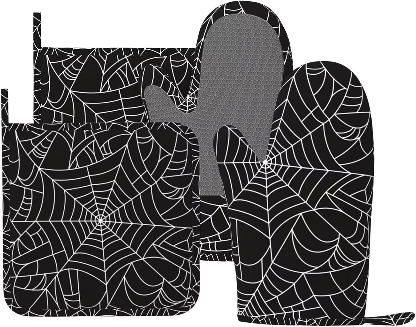 Black and White Spider Web Oven Mitts and Pot Holders Set of 4 Silicone Spiderwebs Kitchen Mitten Gloves and Non-Slip Potholders Set Heat Resistant Oven Gloves Hot Holders for Kitchen