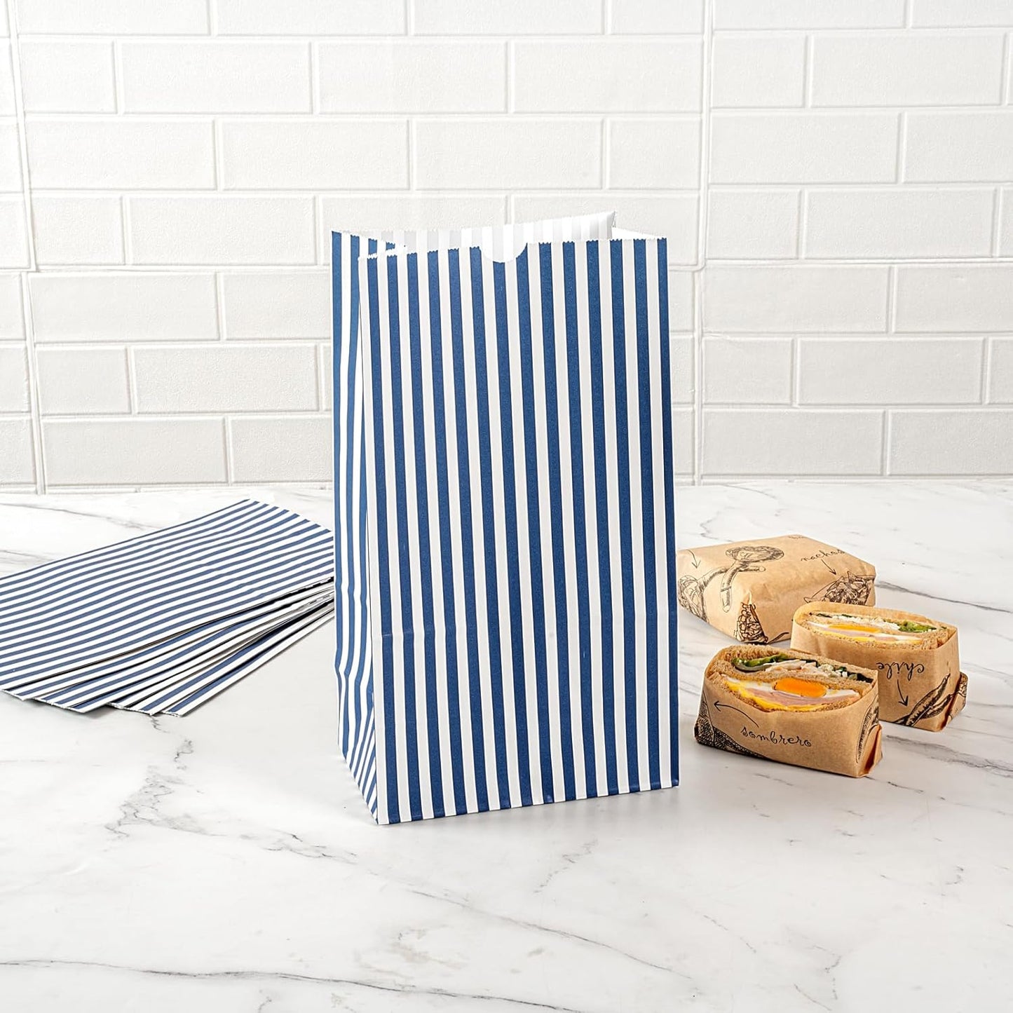 Restaurantware Bag Tek 12 LB Disposable Lunch Bags 100 Sturdy Take Out Bags - Flat Bottom Great For Restaurants Cafes And Bakeries Blue And White Paper Popcorn Bags Versatile For Grocery