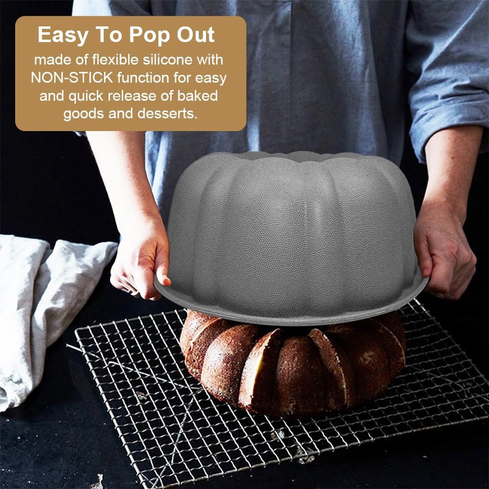 10 inch Silicone Bundt Cake Pan, Non-Stick Silicone Fluted Pans, ome Baking DIY Cake Mold for Cake, Jelly, Bread, Chocolate, Para Gelatinas (Red) (Grey, 1 Pack)