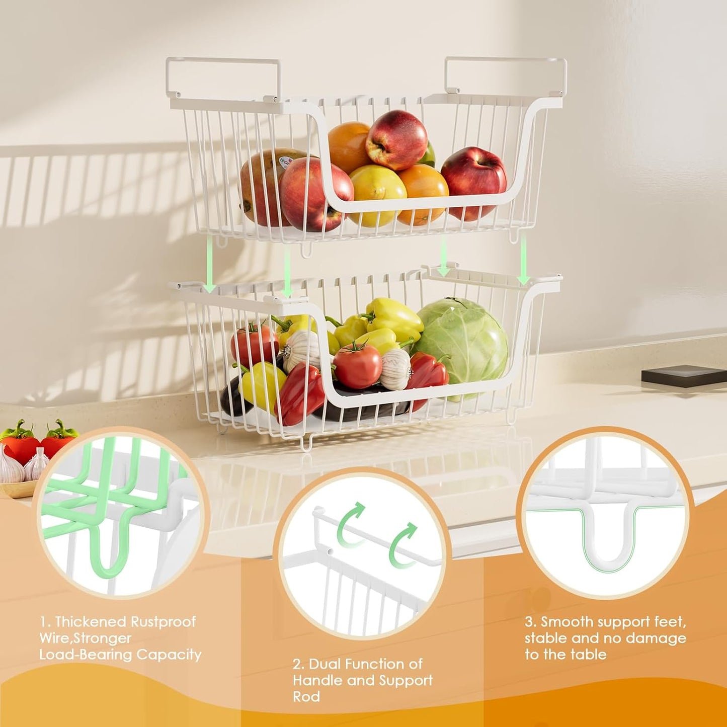 4 Pack Stackable Wire Baskets with Handles for Pantry Organizers and Storage, Fruit and Vegetable wire storage baskets, Potato and Onion Storage Bin, Metal Baskets for Organizing Snacks, Cans (White)